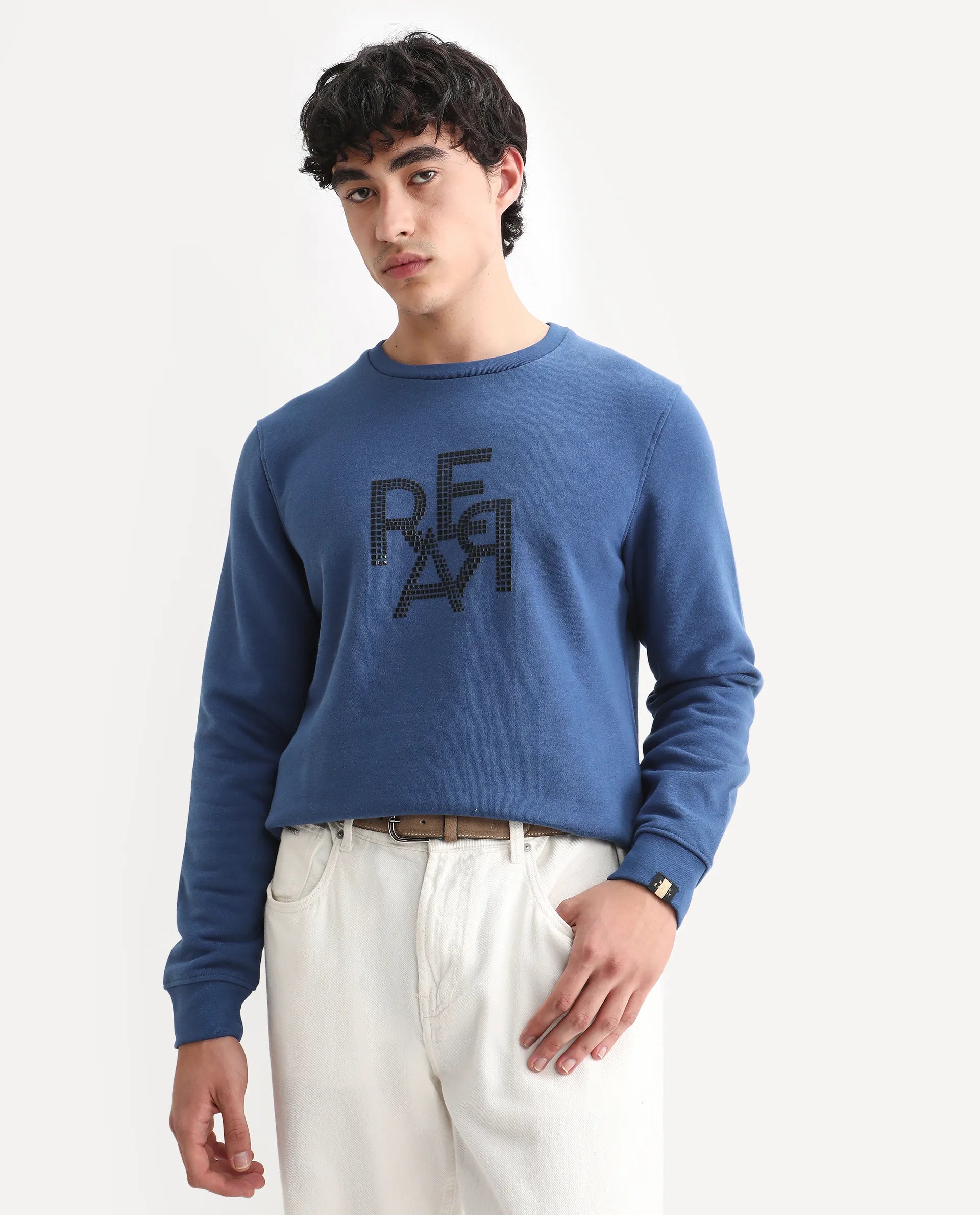 Rare Rabbit Men's Yevs Dark Blue Cotton Graphic Print Regular Fit Full Sleeve Crew Neck Sweatshirt