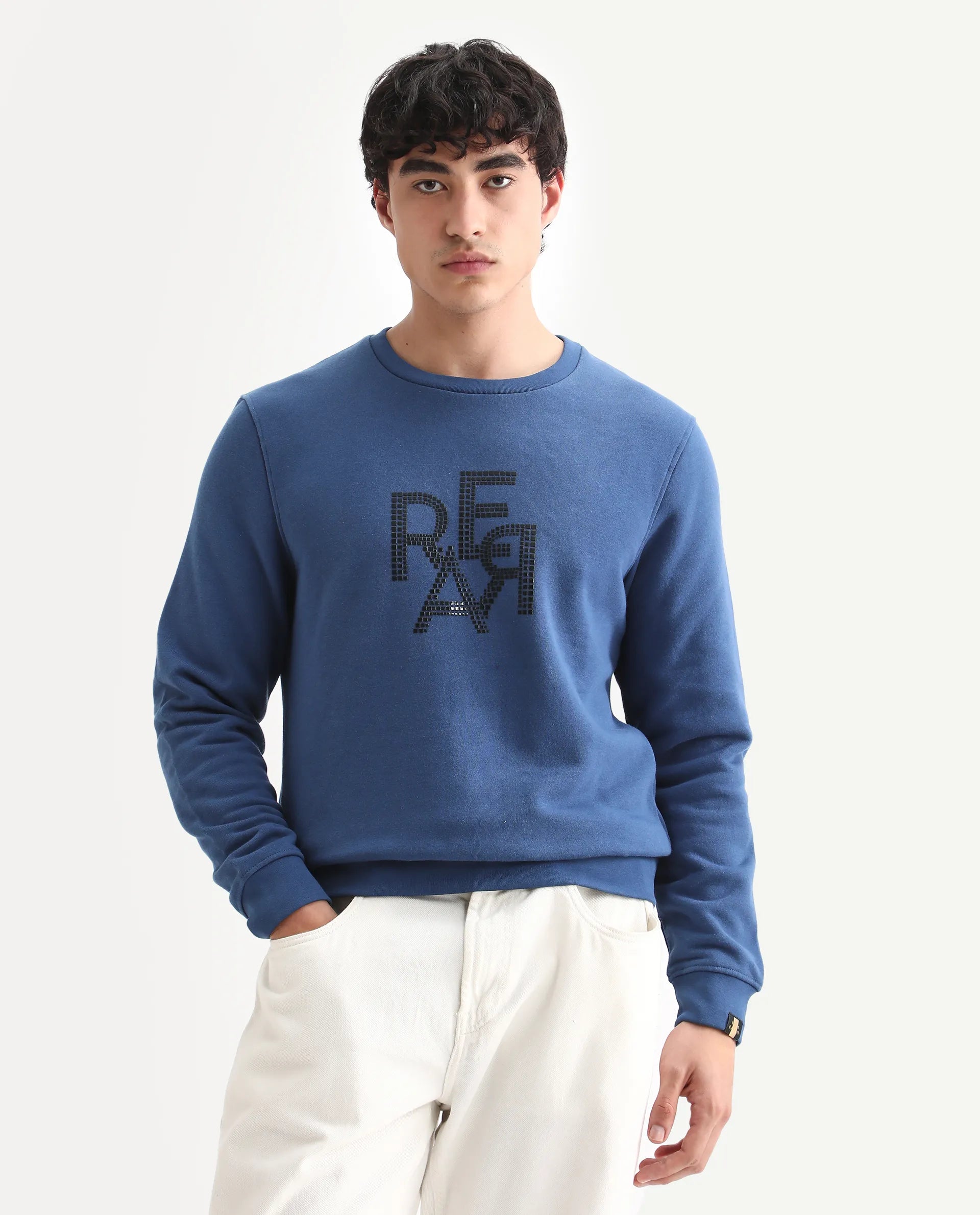 Rare Rabbit Men's Yevs Dark Blue Cotton Graphic Print Regular Fit Full Sleeve Crew Neck Sweatshirt