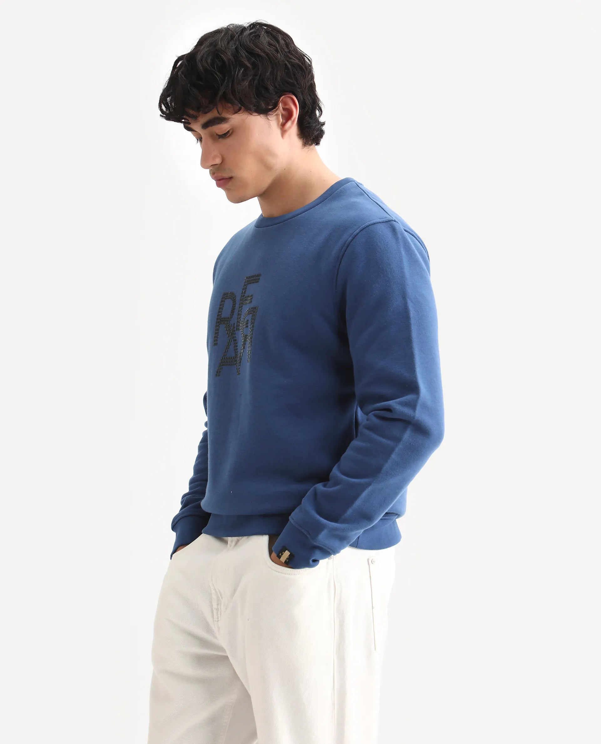 Rare Rabbit Men's Yevs Dark Blue Cotton Graphic Print Regular Fit Full Sleeve Crew Neck Sweatshirt