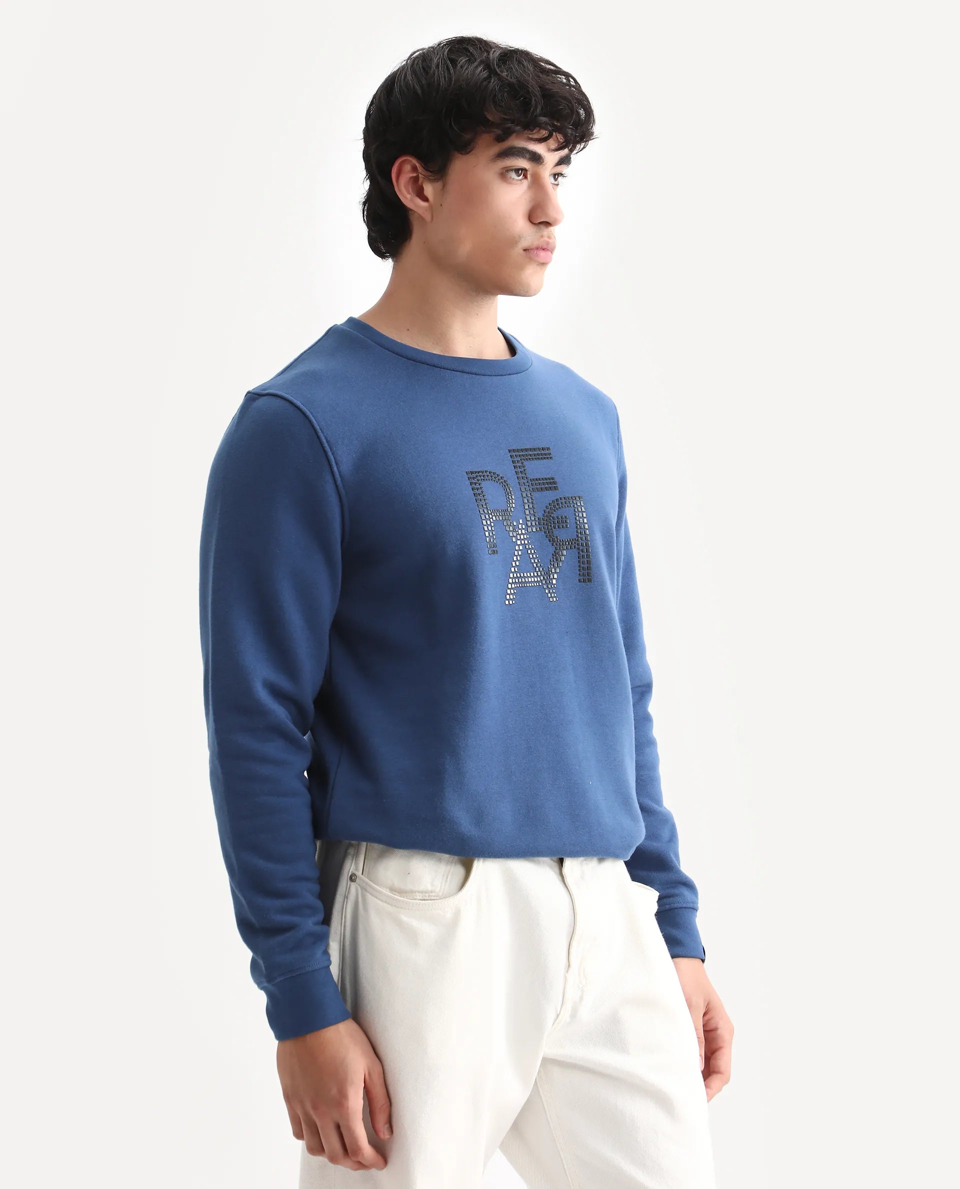 Rare Rabbit Men's Yevs Dark Blue Cotton Graphic Print Regular Fit Full Sleeve Crew Neck Sweatshirt