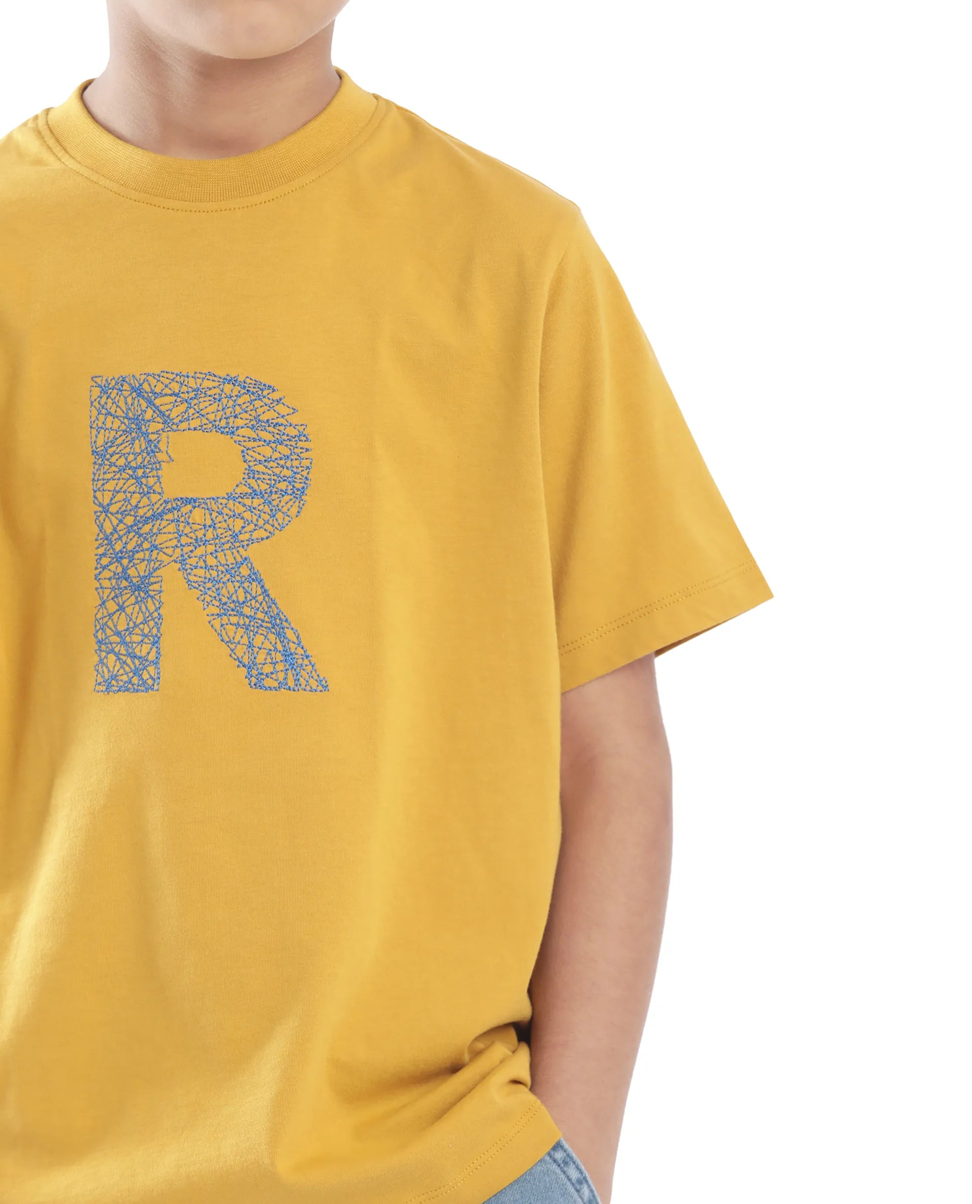 Rare Ones Kids Vexi-K Dark Yellow Cotton Embroidered Slip-On Regular Fit T-Shirt