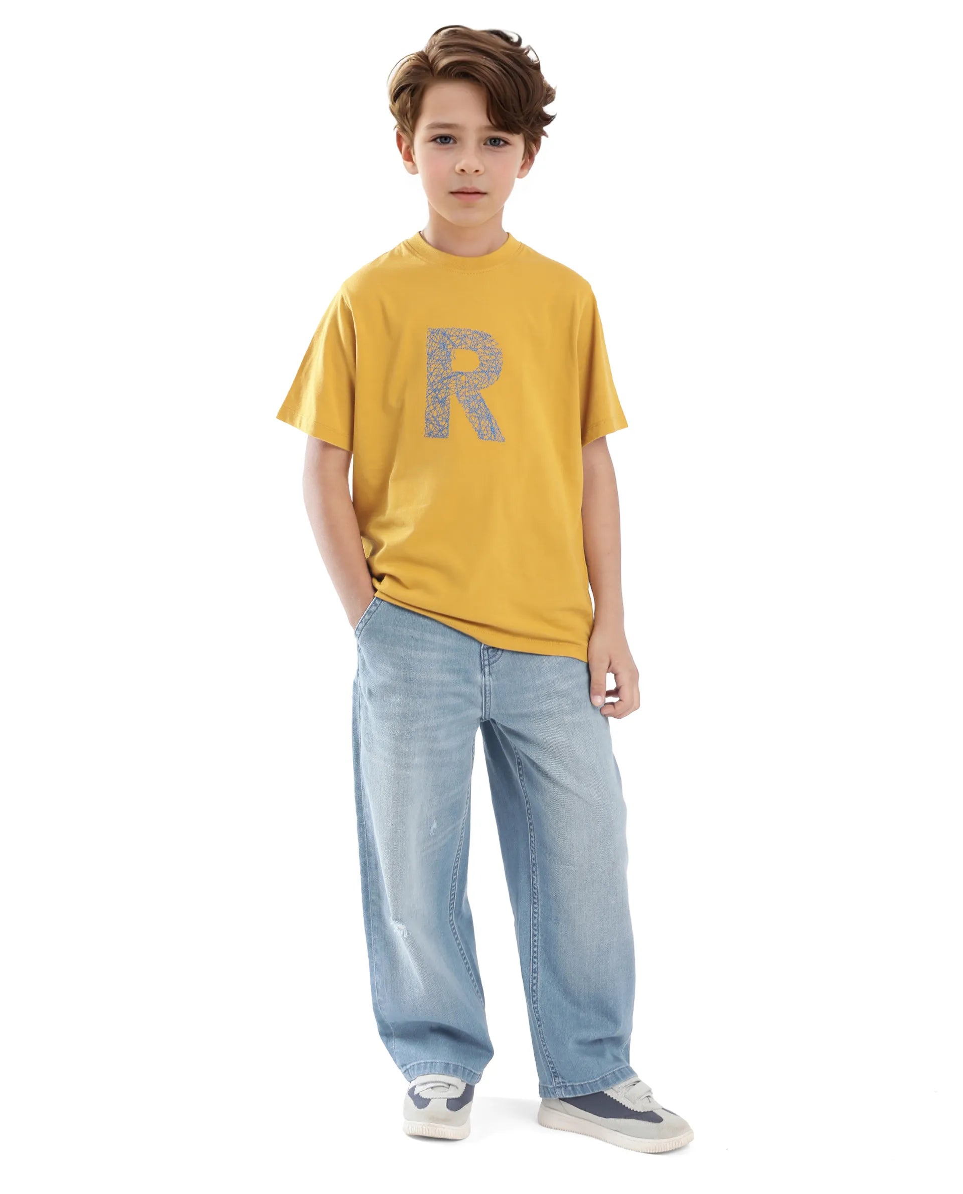 Rare Ones Kids Vexi-K Dark Yellow Cotton Embroidered Slip-On Regular Fit T-Shirt