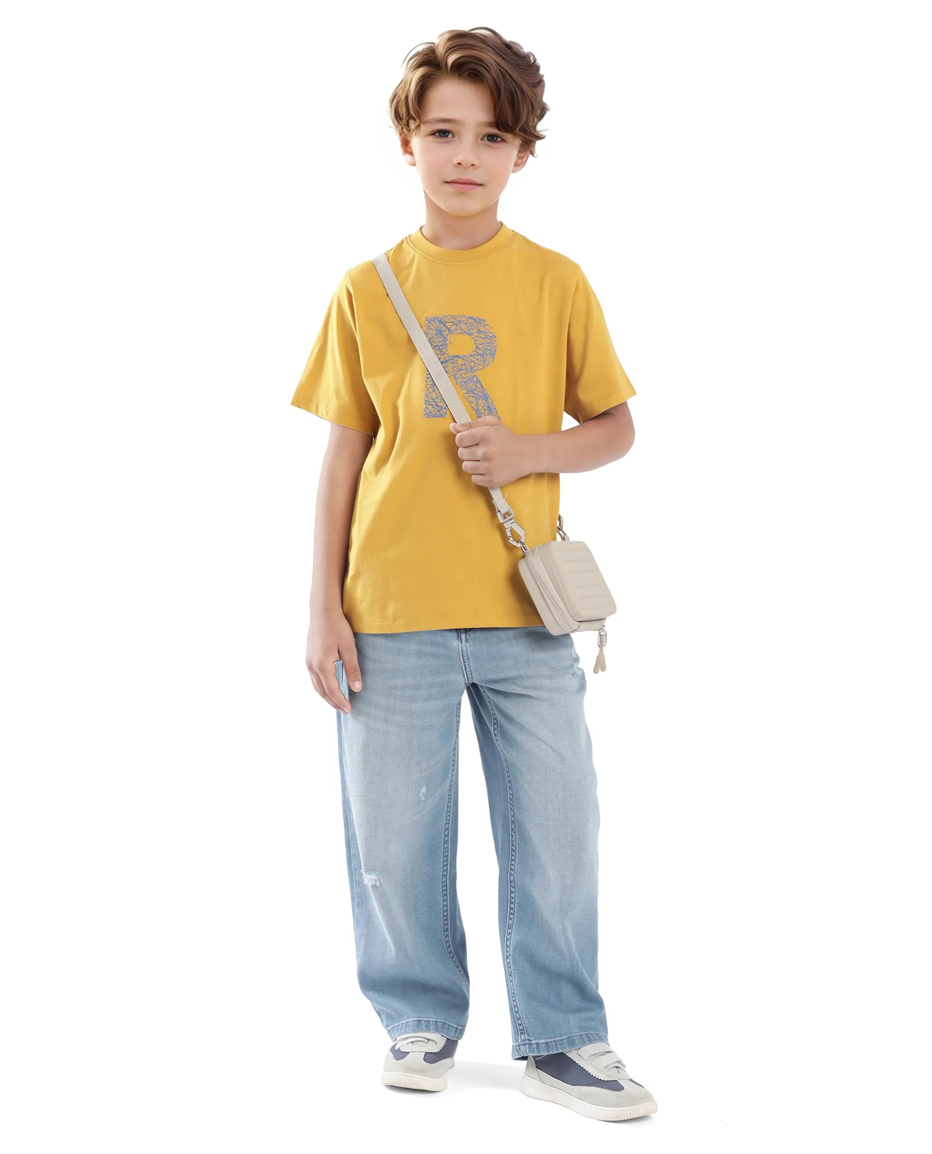 Rare Ones Kids Vexi-K Dark Yellow Cotton Embroidered Slip-On Regular Fit T-Shirt