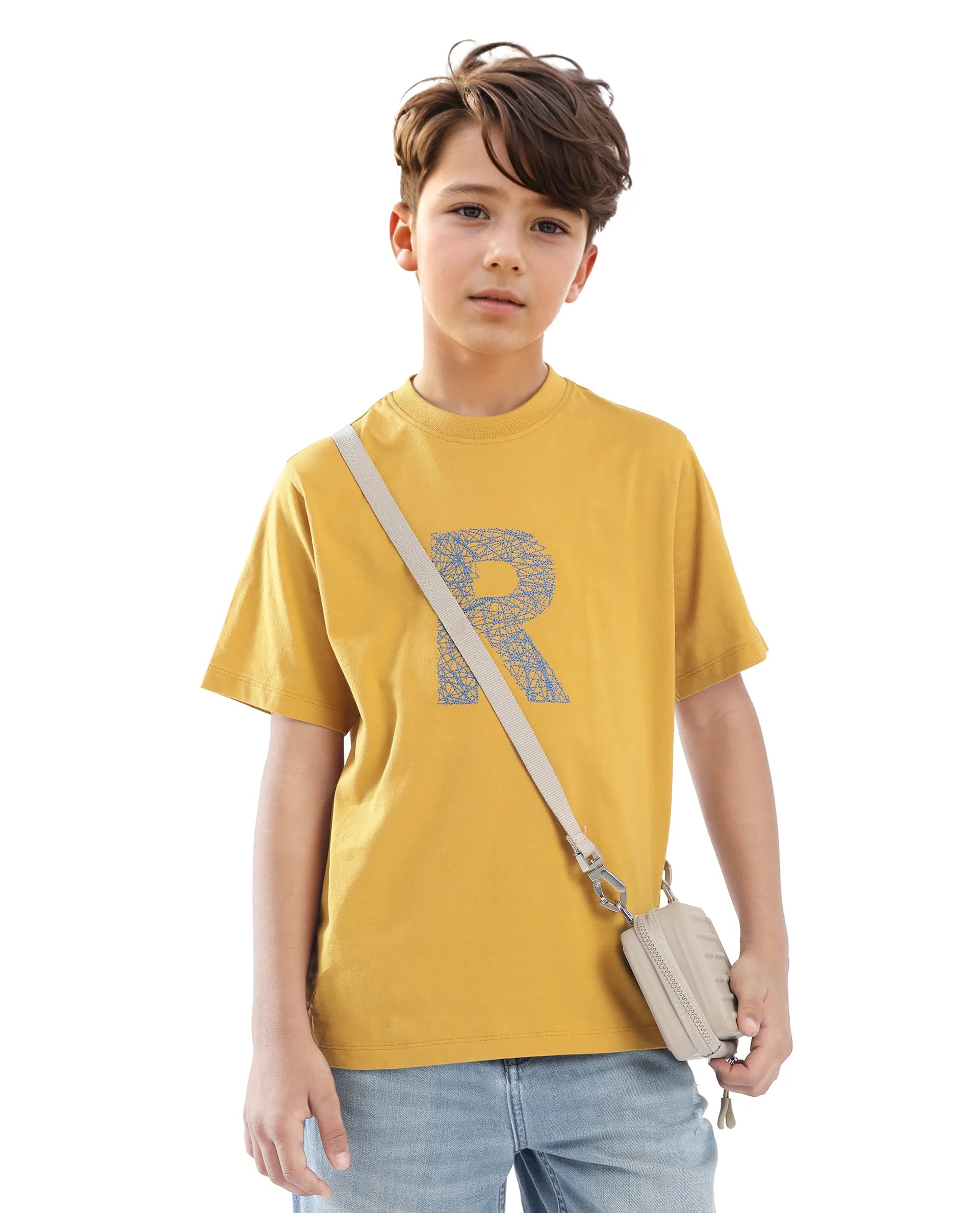 Rare Ones Kids Vexi-K Dark Yellow Cotton Embroidered Slip-On Regular Fit T-Shirt