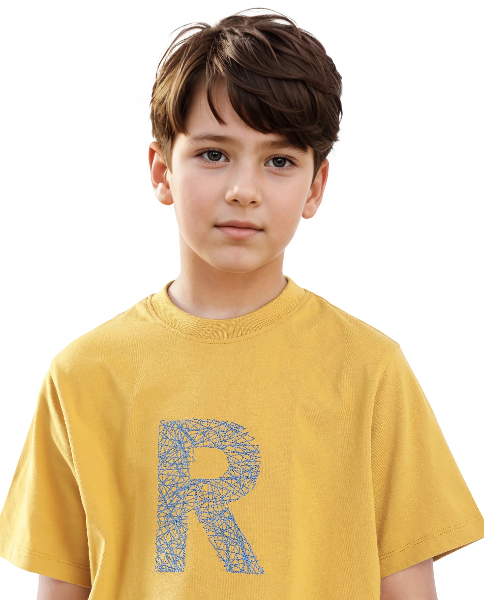 Rare Ones Kids Vexi-K Dark Yellow Cotton Embroidered Slip-On Regular Fit T-Shirt