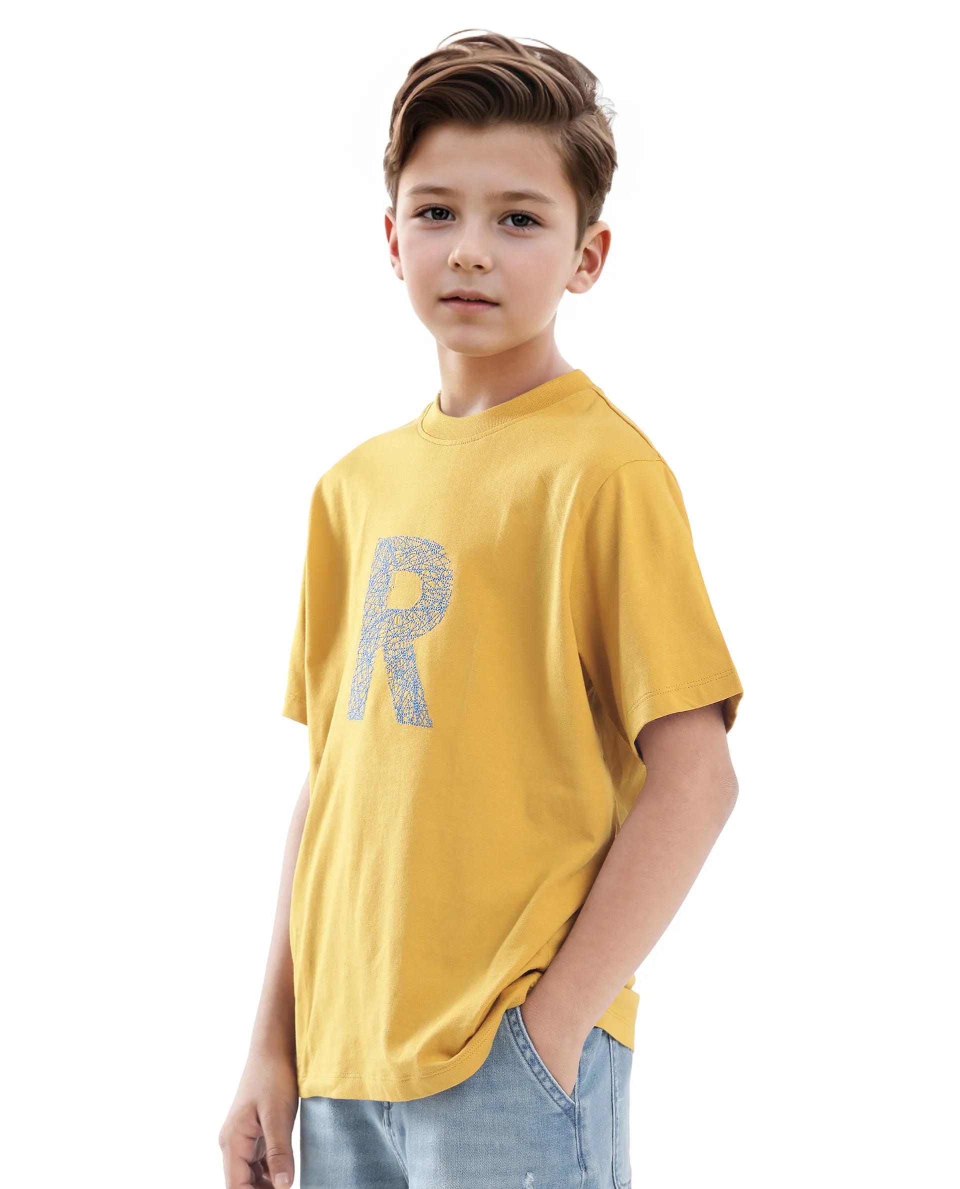 Rare Ones Kids Vexi-K Dark Yellow Cotton Embroidered Slip-On Regular Fit T-Shirt
