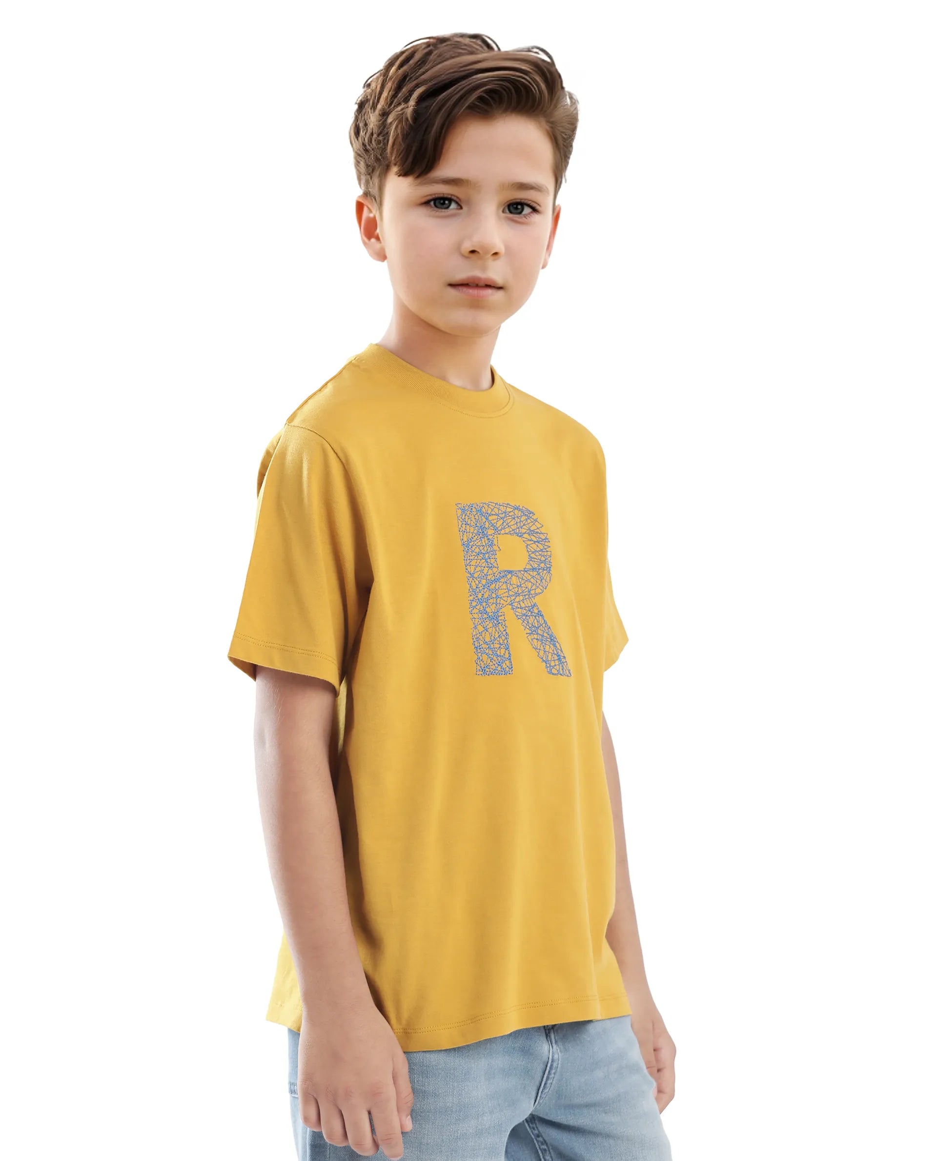 Rare Ones Kids Vexi-K Dark Yellow Cotton Embroidered Slip-On Regular Fit T-Shirt