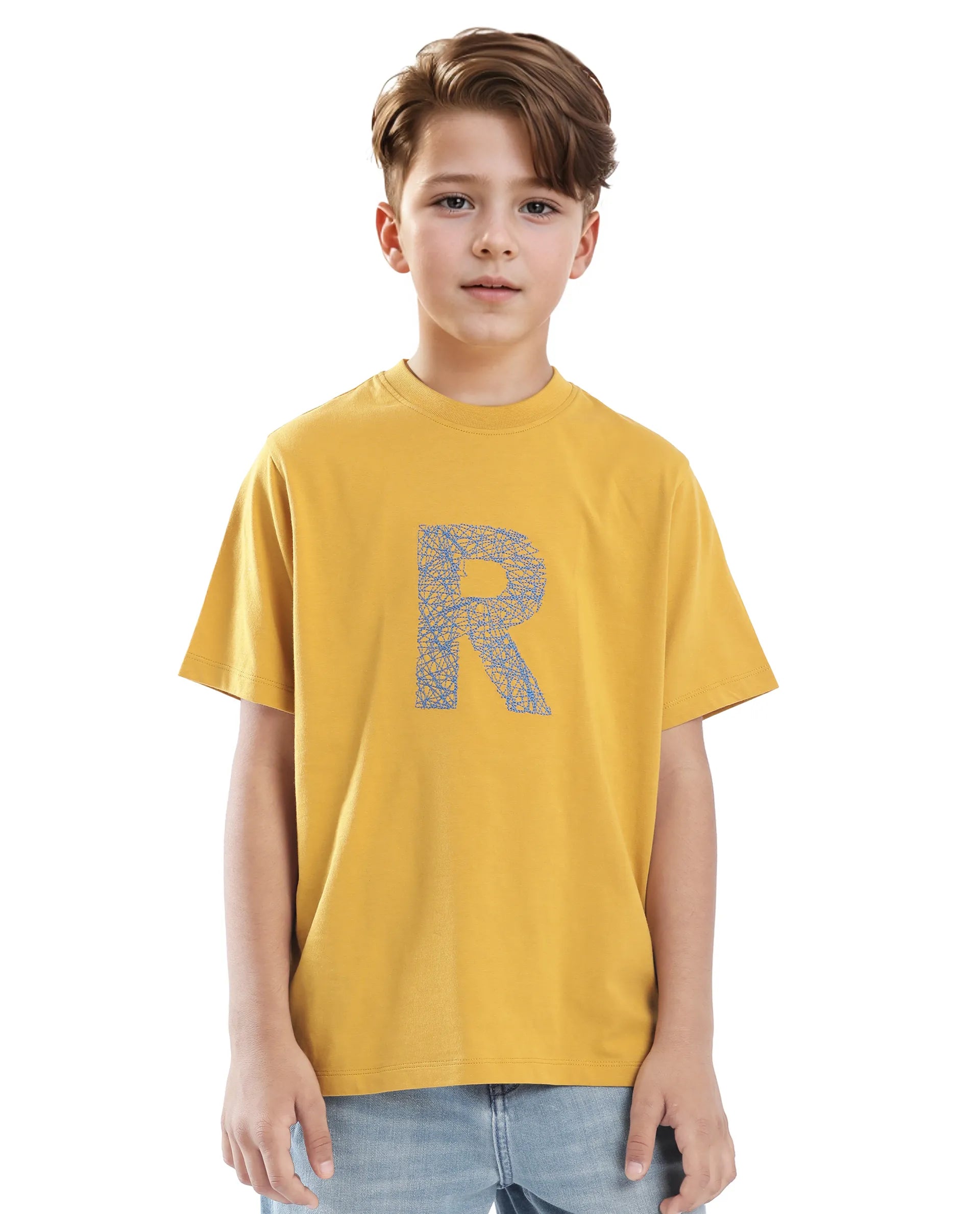 Rare Ones Kids Vexi-K Dark Yellow Cotton Embroidered Slip-On Regular Fit T-Shirt