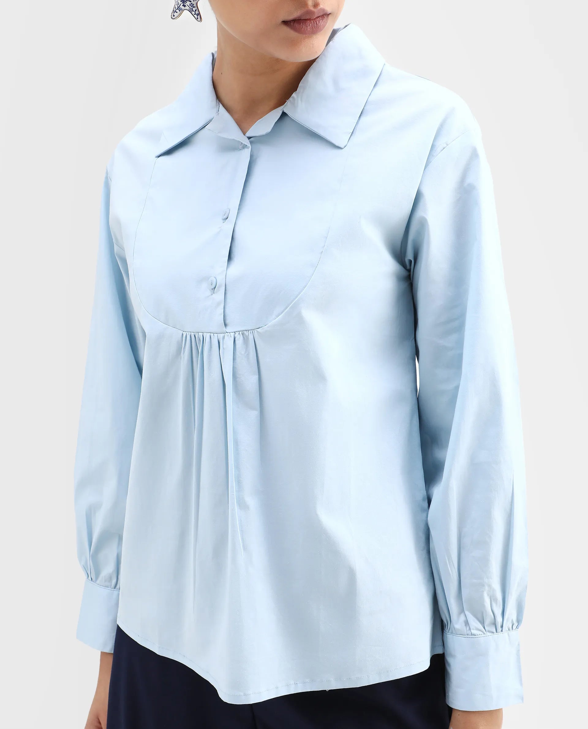 Rareism Women's Yit Light Blue Cotton Blend Drop Collar Plain Bishop Sleeve Relaxed Fit Top