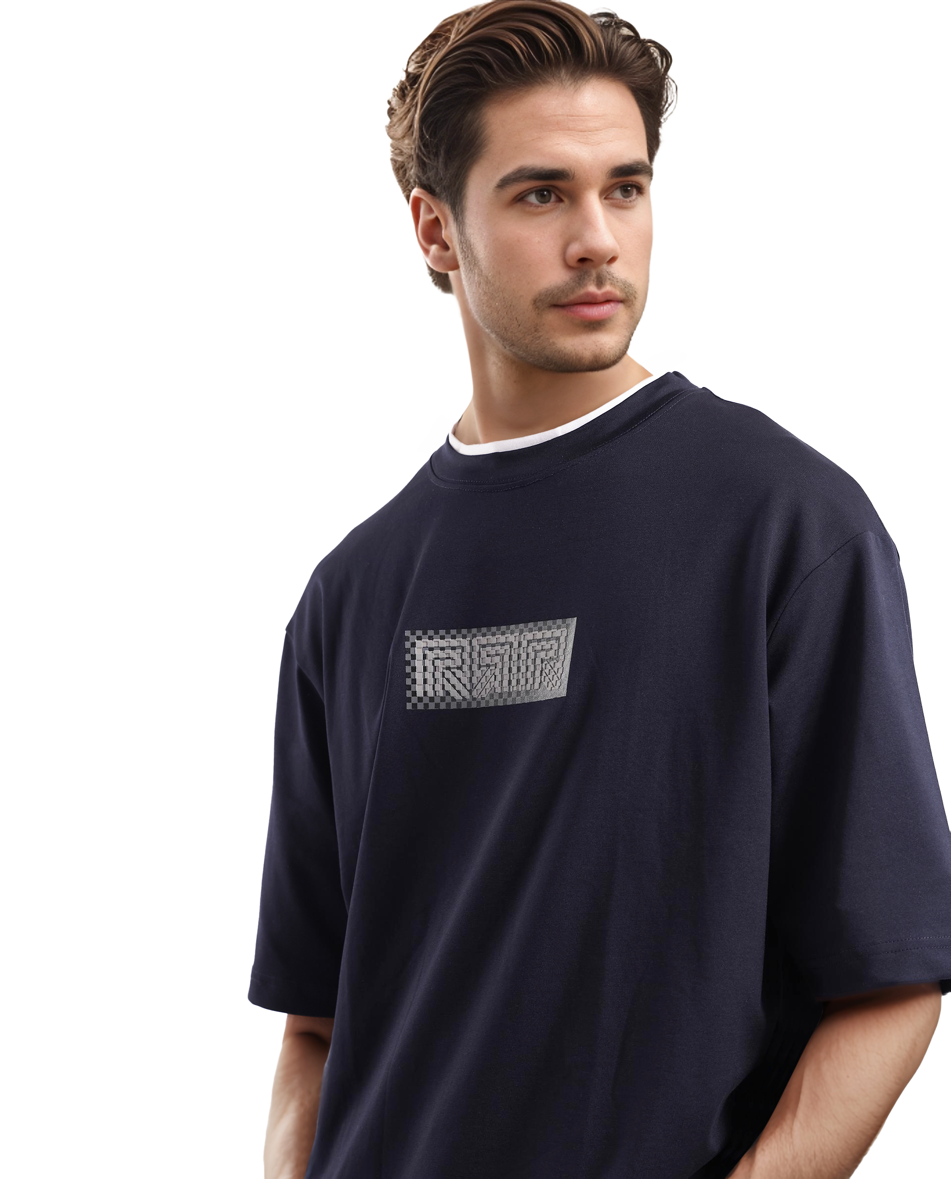 Rare Rabbit Men Fobo Navy Cotton Polyester Lycra Fabric Short Sleeve Crew Neck Oversized Fit Monogram Chest Print T-Shirt