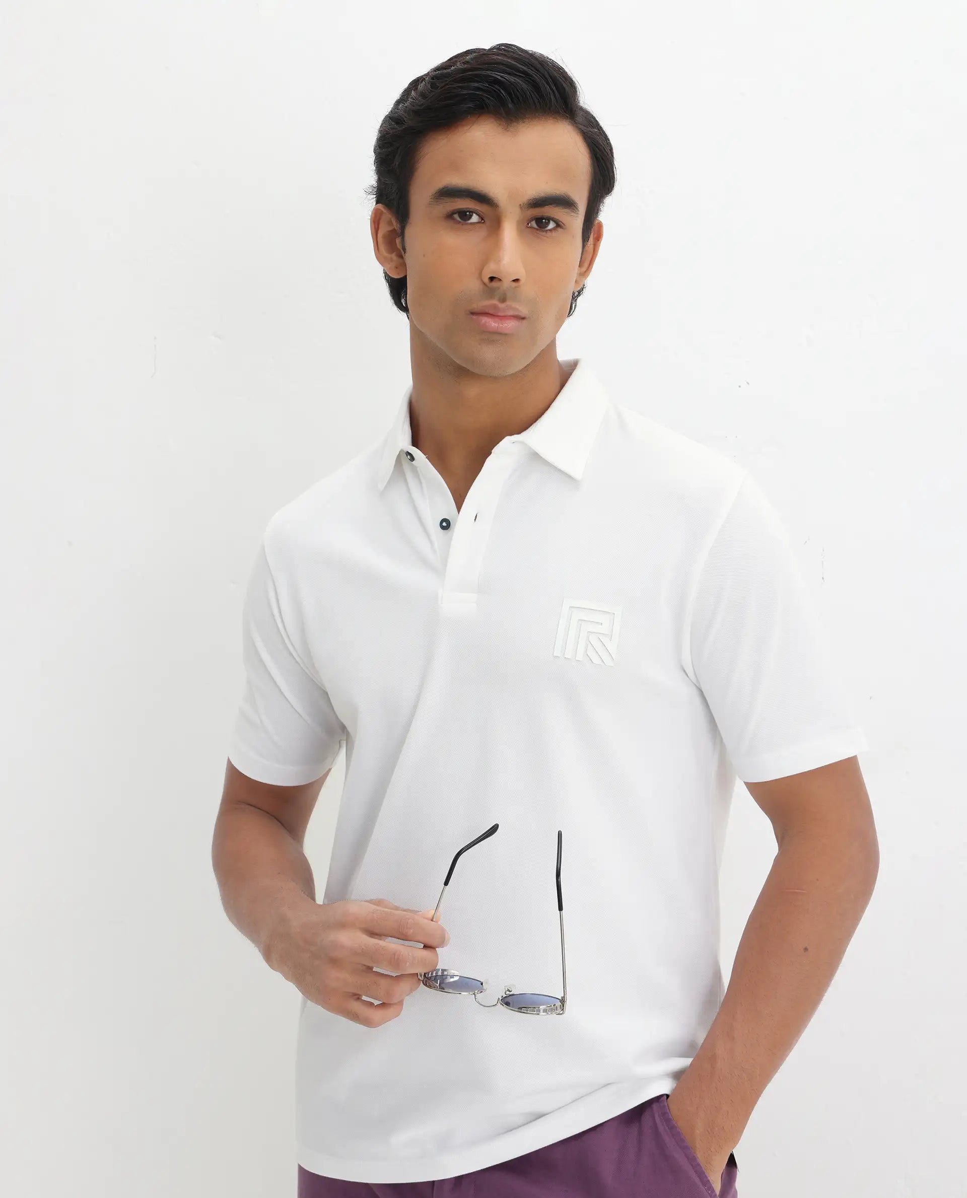 Rare Rabbit Men's Yobo White Plain Regular Fit Half Sleeve Polo