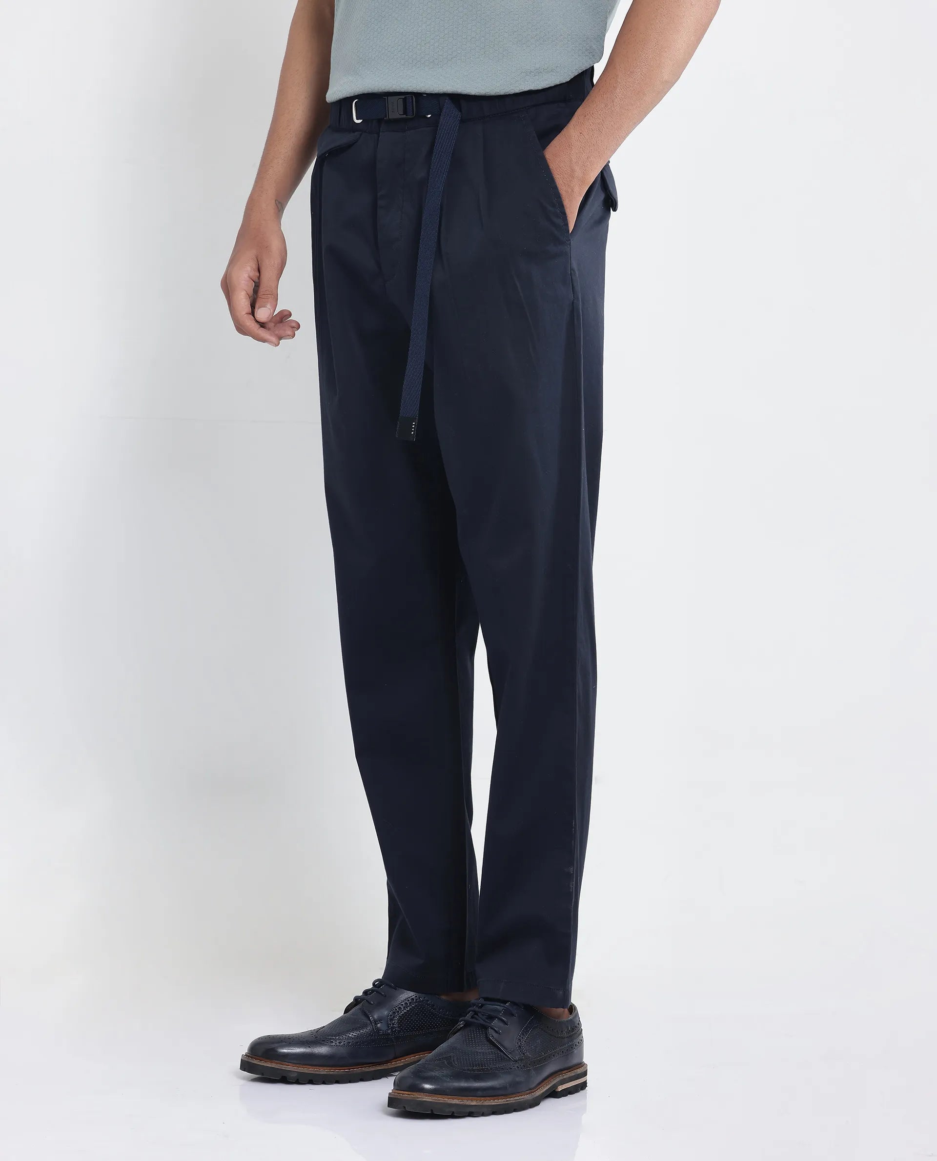 Rare Rabbit Men Yocko Navy Cotton Elastane Fabric Baggy Fit Pleated Plain Trouser