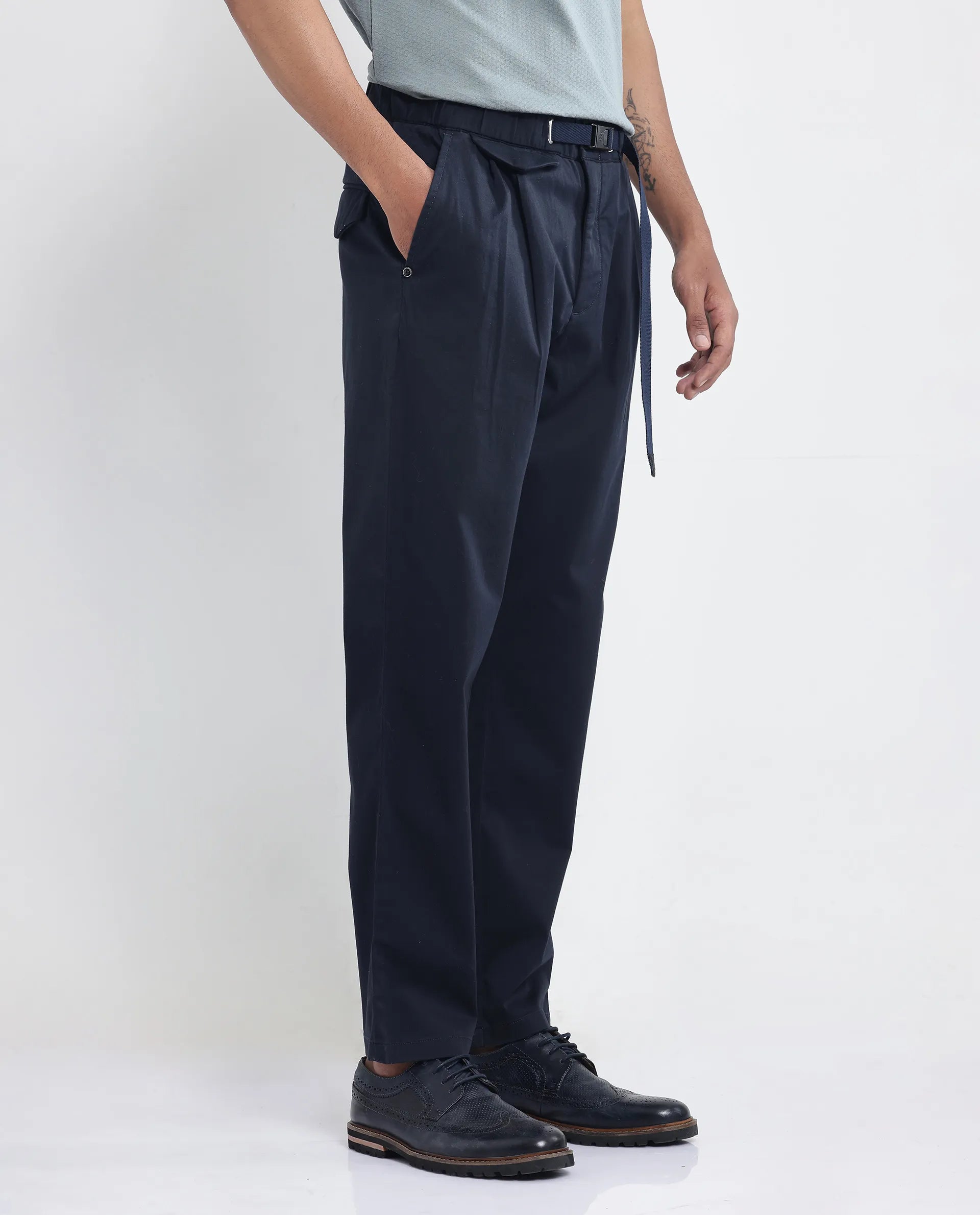 Rare Rabbit Men Yocko Navy Cotton Elastane Fabric Baggy Fit Pleated Plain Trouser