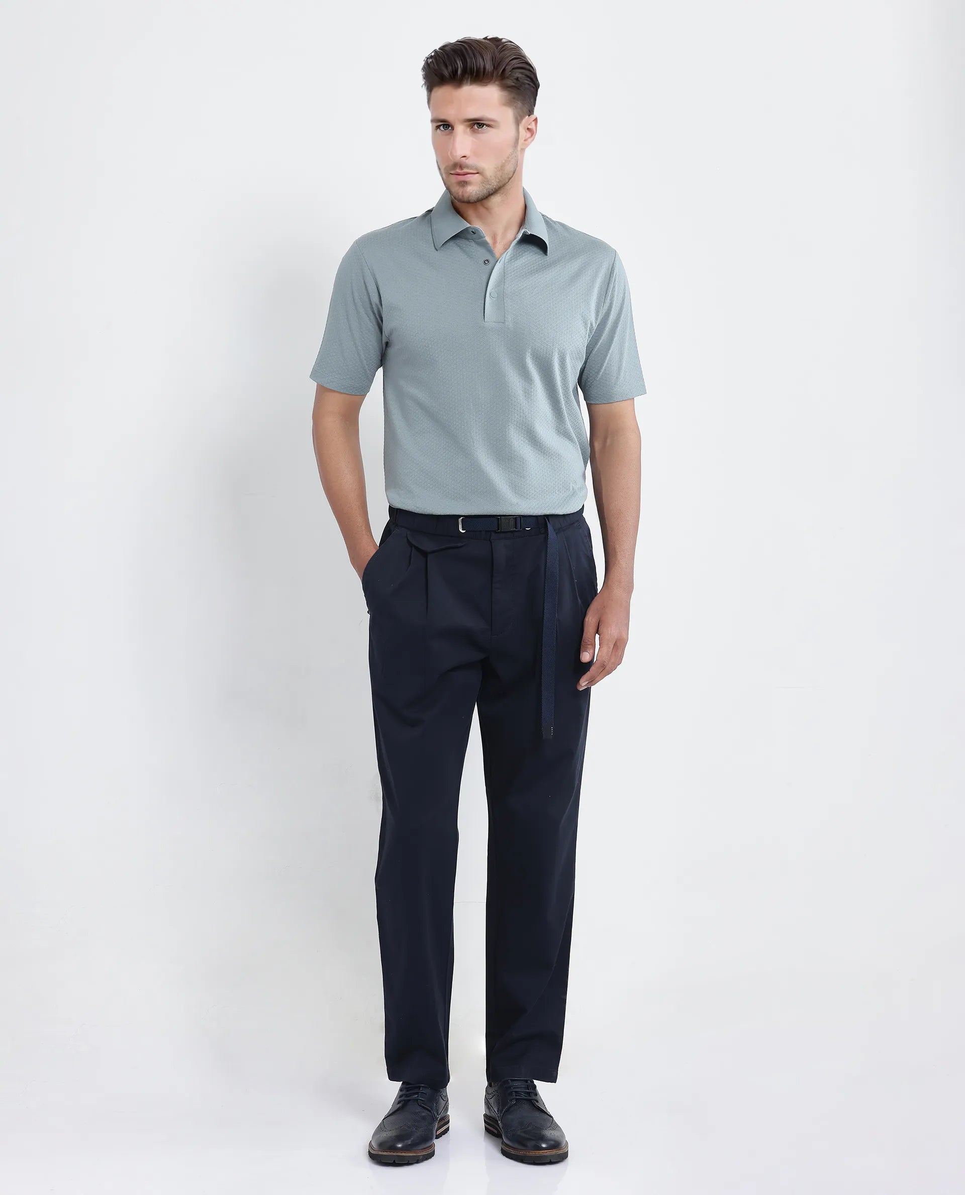 Rare Rabbit Men Yocko Navy Cotton Elastane Fabric Baggy Fit Pleated Plain Trouser