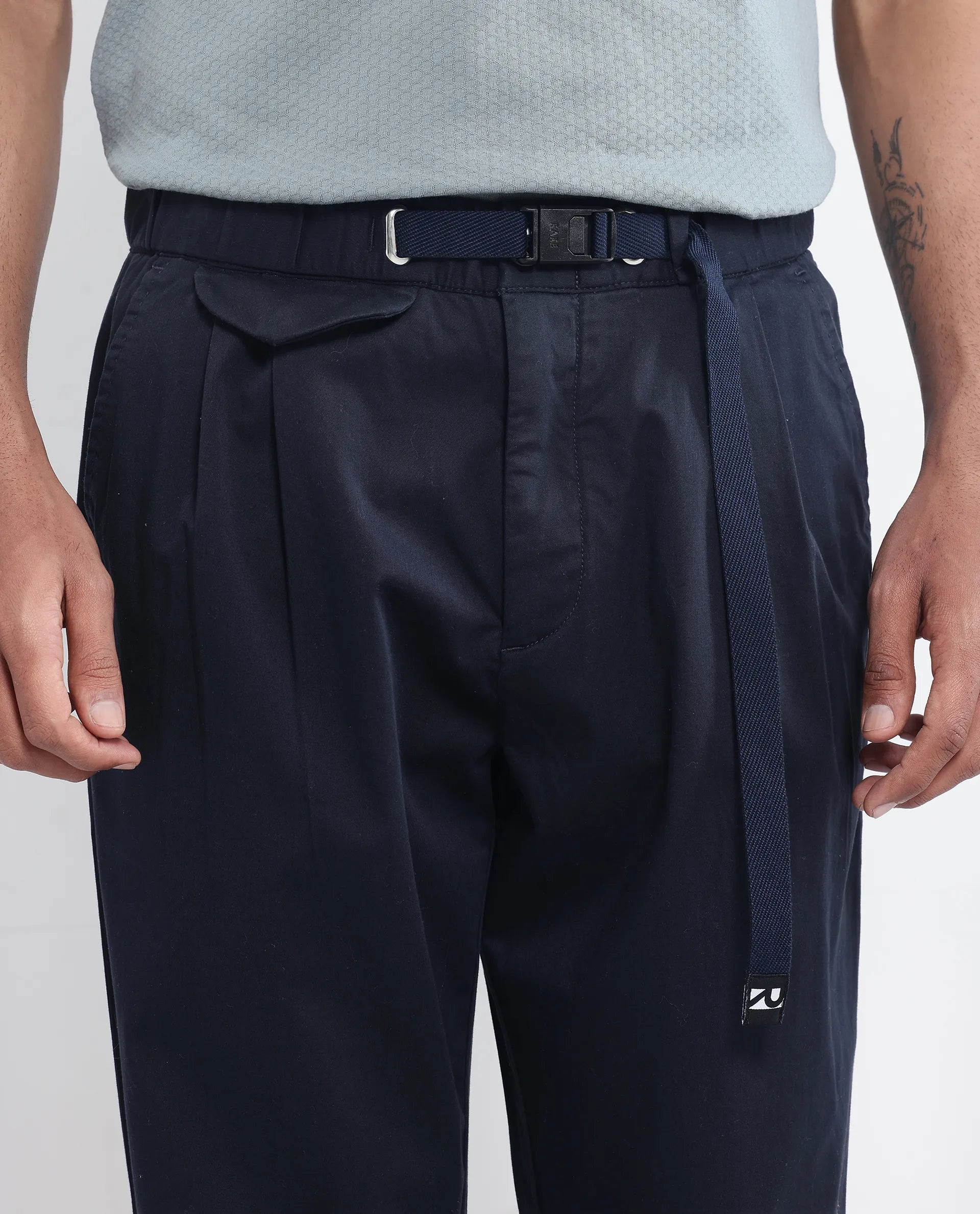 Rare Rabbit Men Yocko Navy Cotton Elastane Fabric Baggy Fit Pleated Plain Trouser