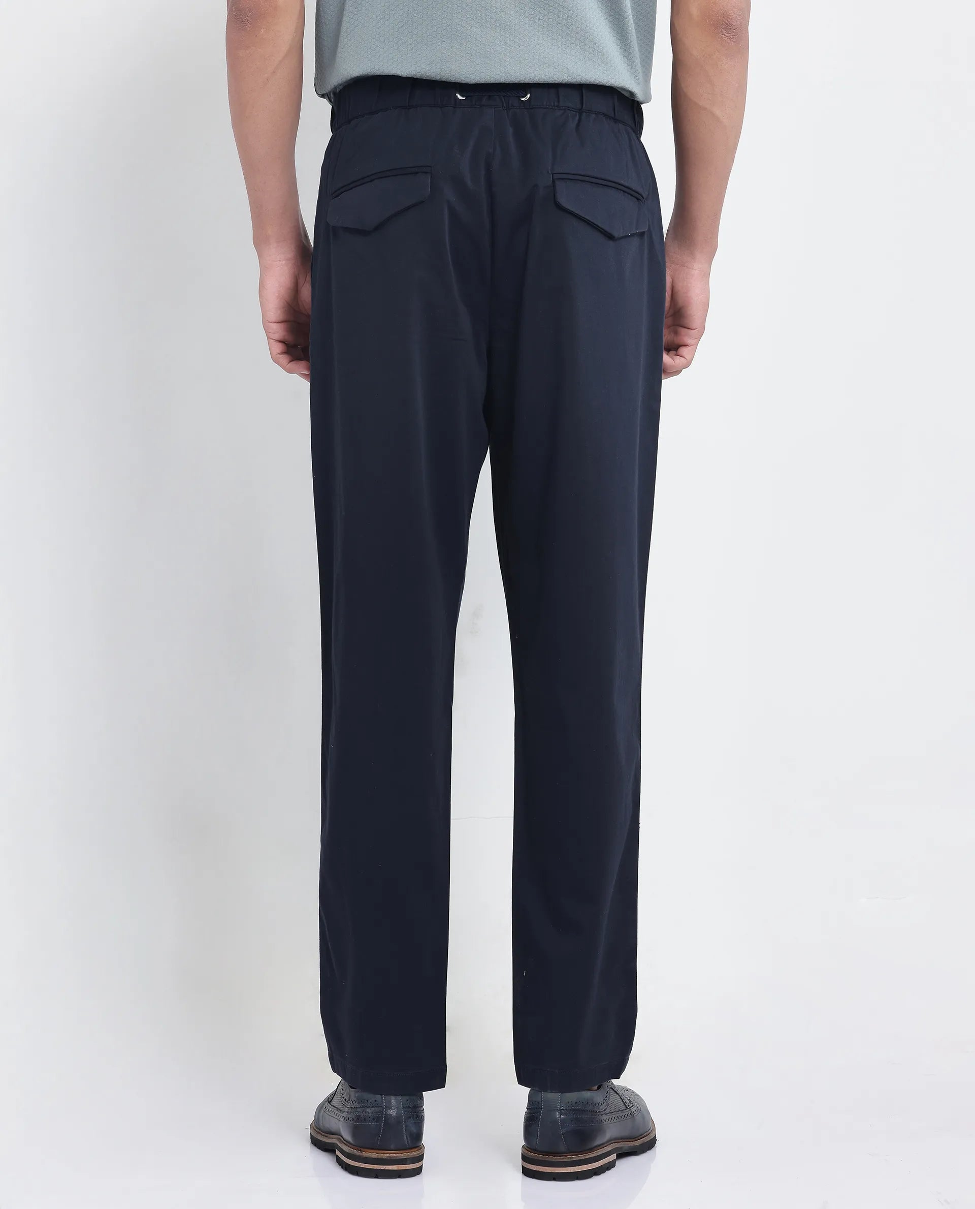 Rare Rabbit Men Yocko Navy Cotton Elastane Fabric Baggy Fit Pleated Plain Trouser