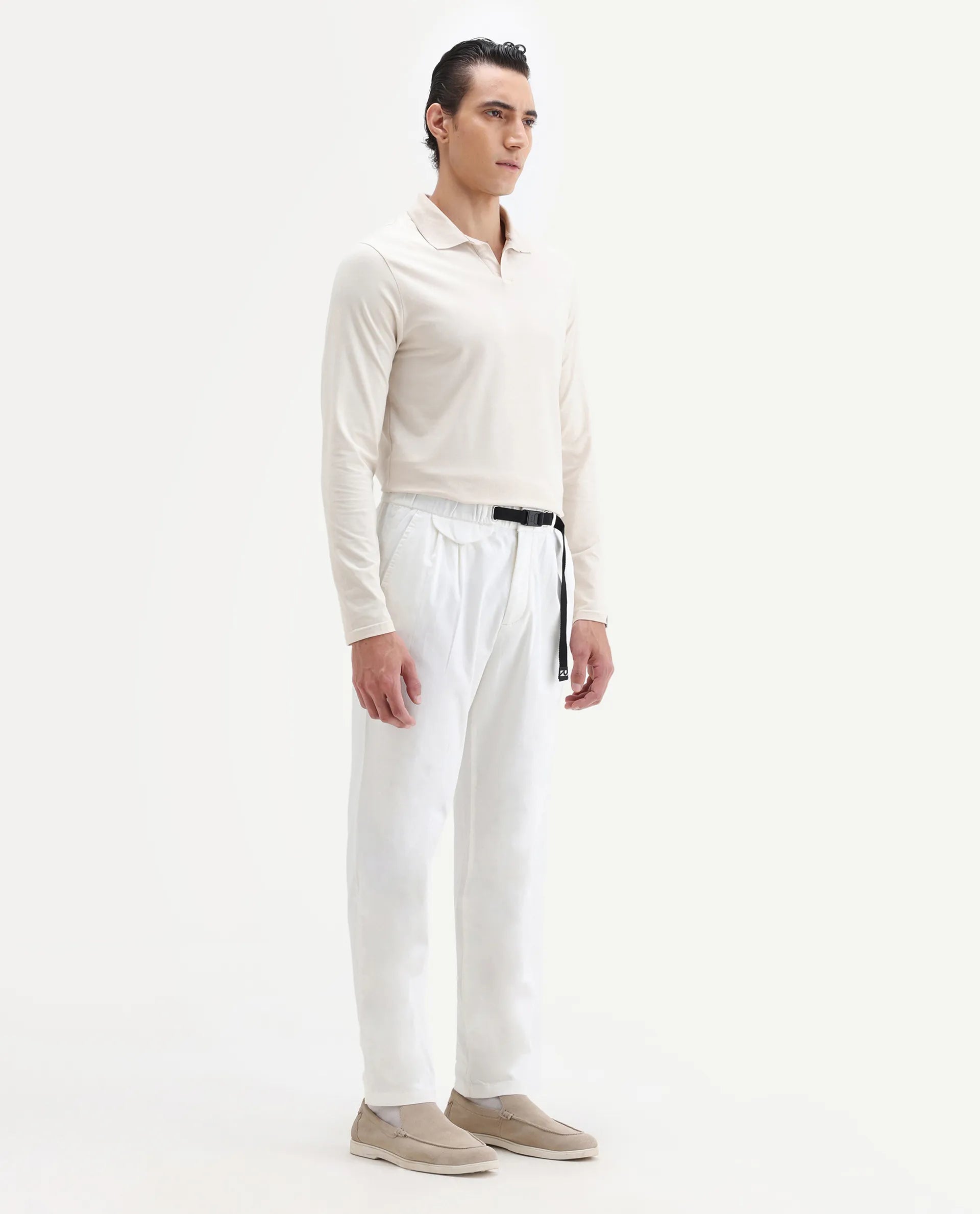 Rare Rabbit Men's Yocko White Cotton Blend Plain Baggy Fit Trouser