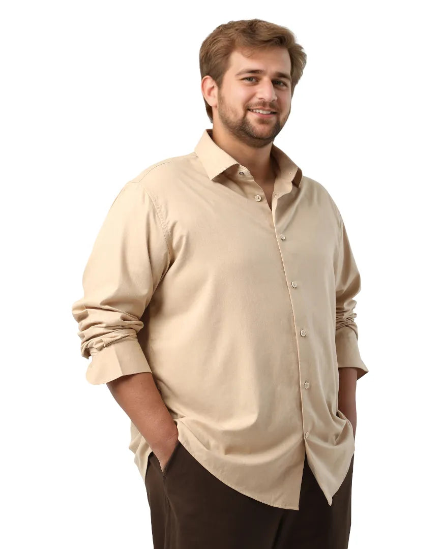 Rare Rabbit Men's Yok Big Beige Cotton Blend Fabric Full Sleeve Spread Collar Button Closure Regular Fit Plain Shirt