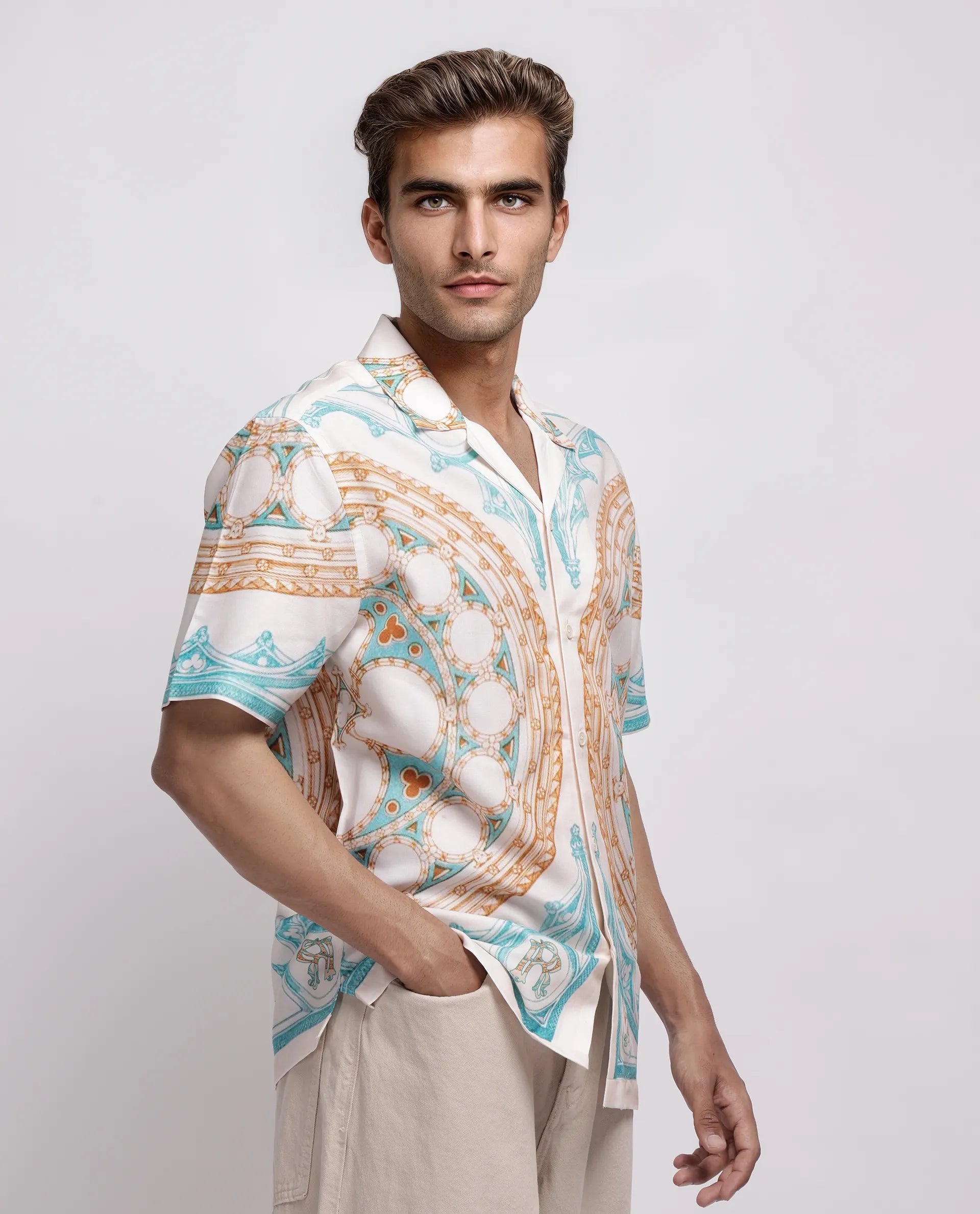 Rare Rabbit Men's Yokor Beige Viscose Placement Print Boxy Fit Half Sleeve Cuban Collar Shirt