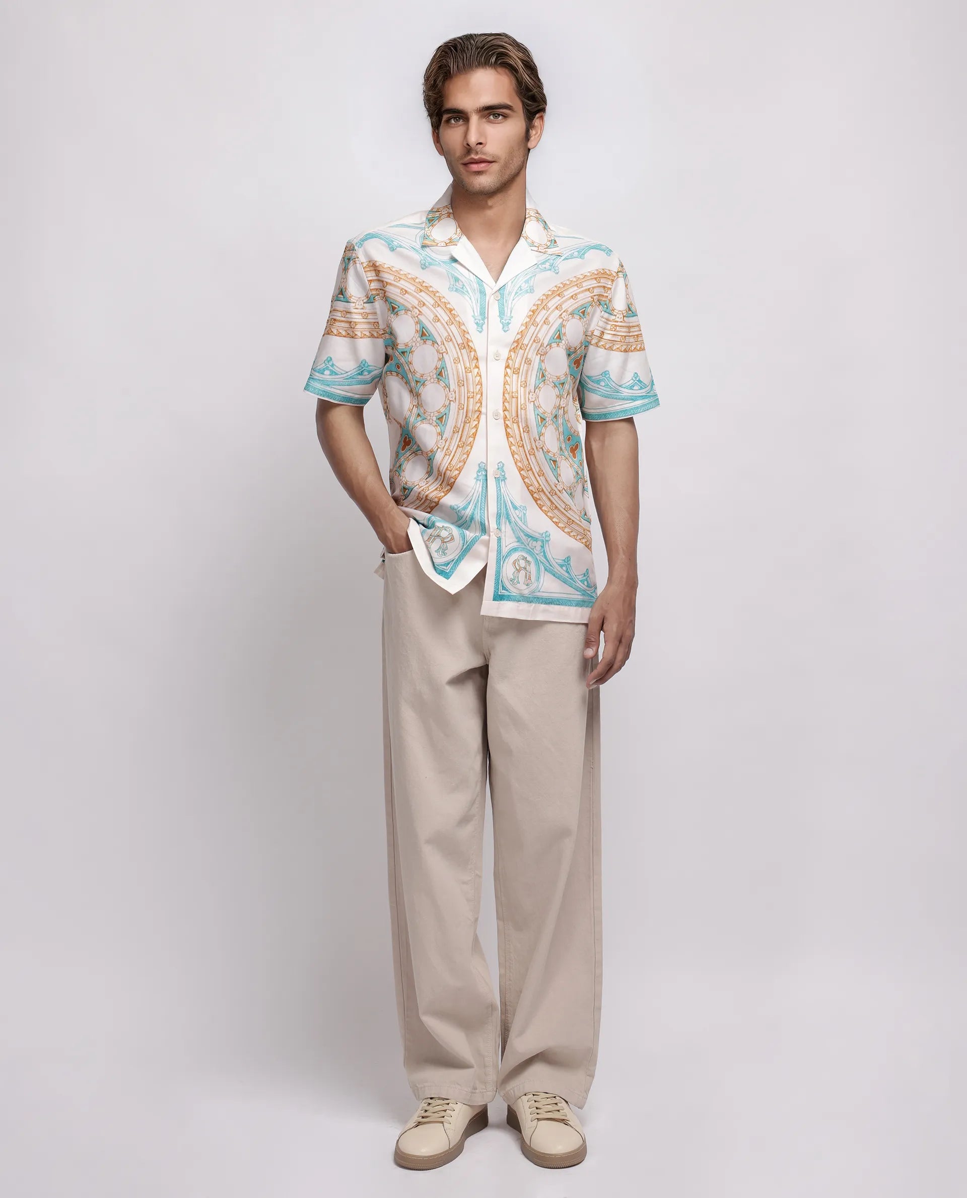 Rare Rabbit Men's Yokor Beige Viscose Placement Print Boxy Fit Half Sleeve Cuban Collar Shirt