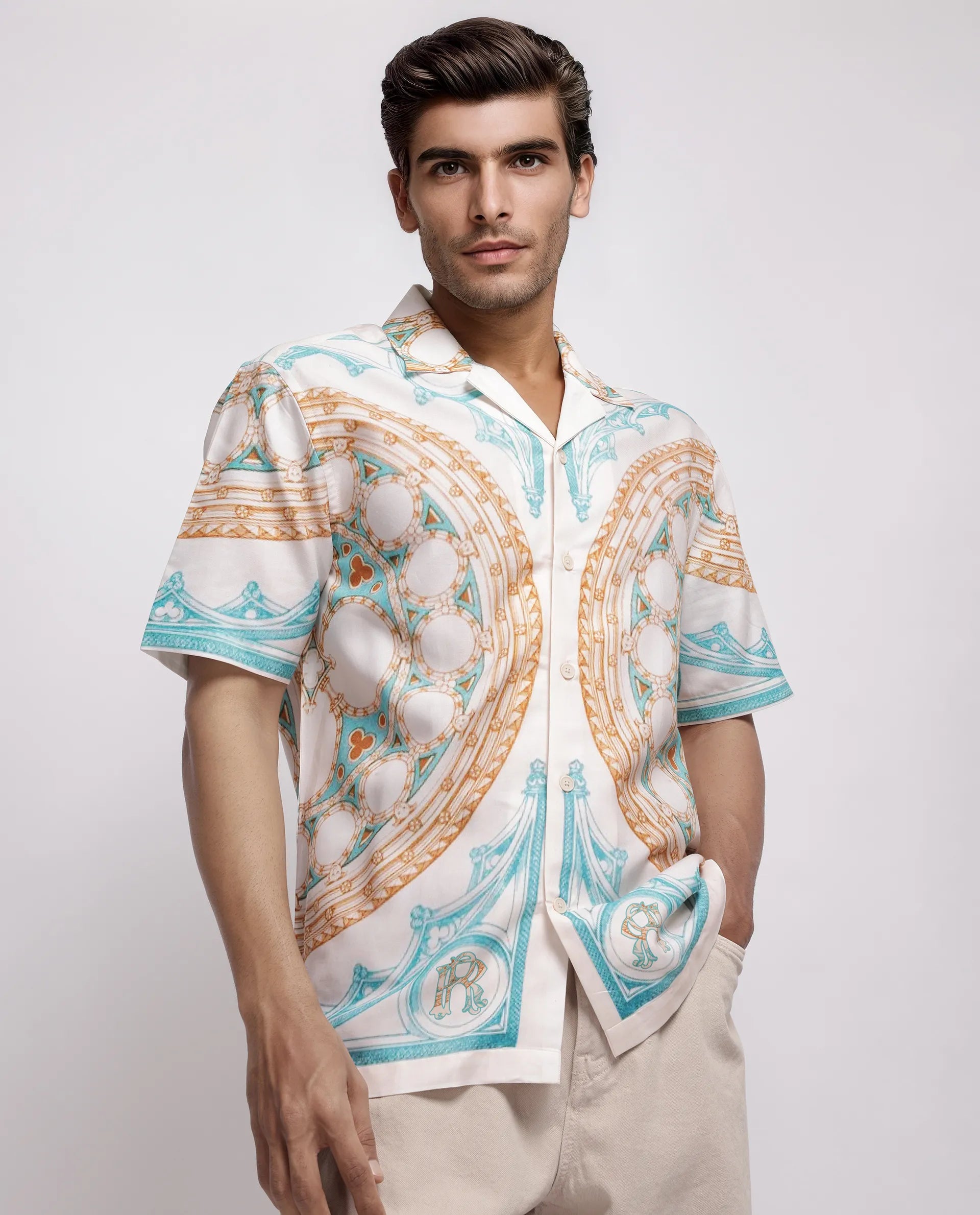 Rare Rabbit Men's Yokor Beige Viscose Placement Print Boxy Fit Half Sleeve Cuban Collar Shirt