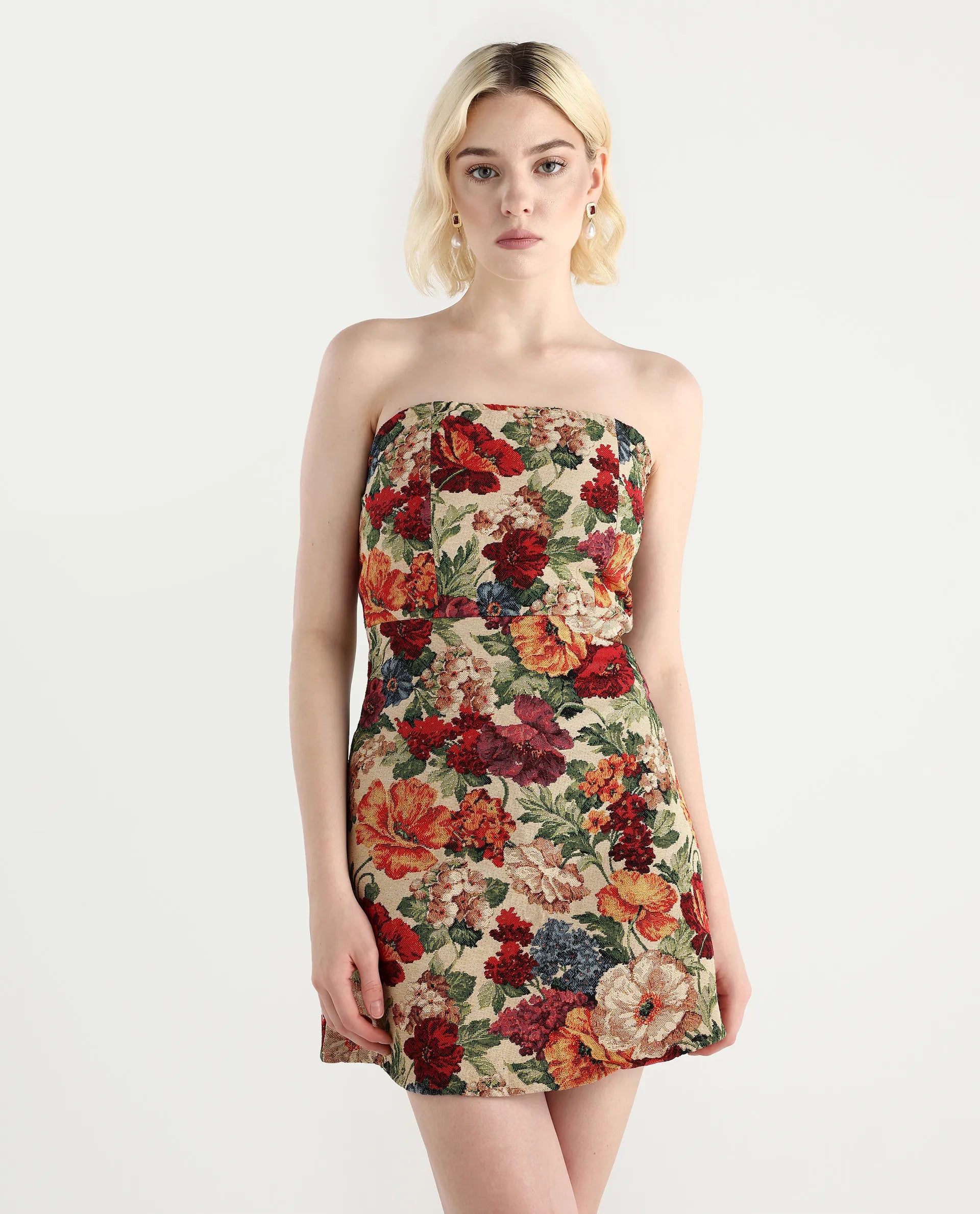 Rareism Women's Yolor - Multi Polyester Blend Tube Neck Jacquard Sleeveless Mini Fit And Flare Dress