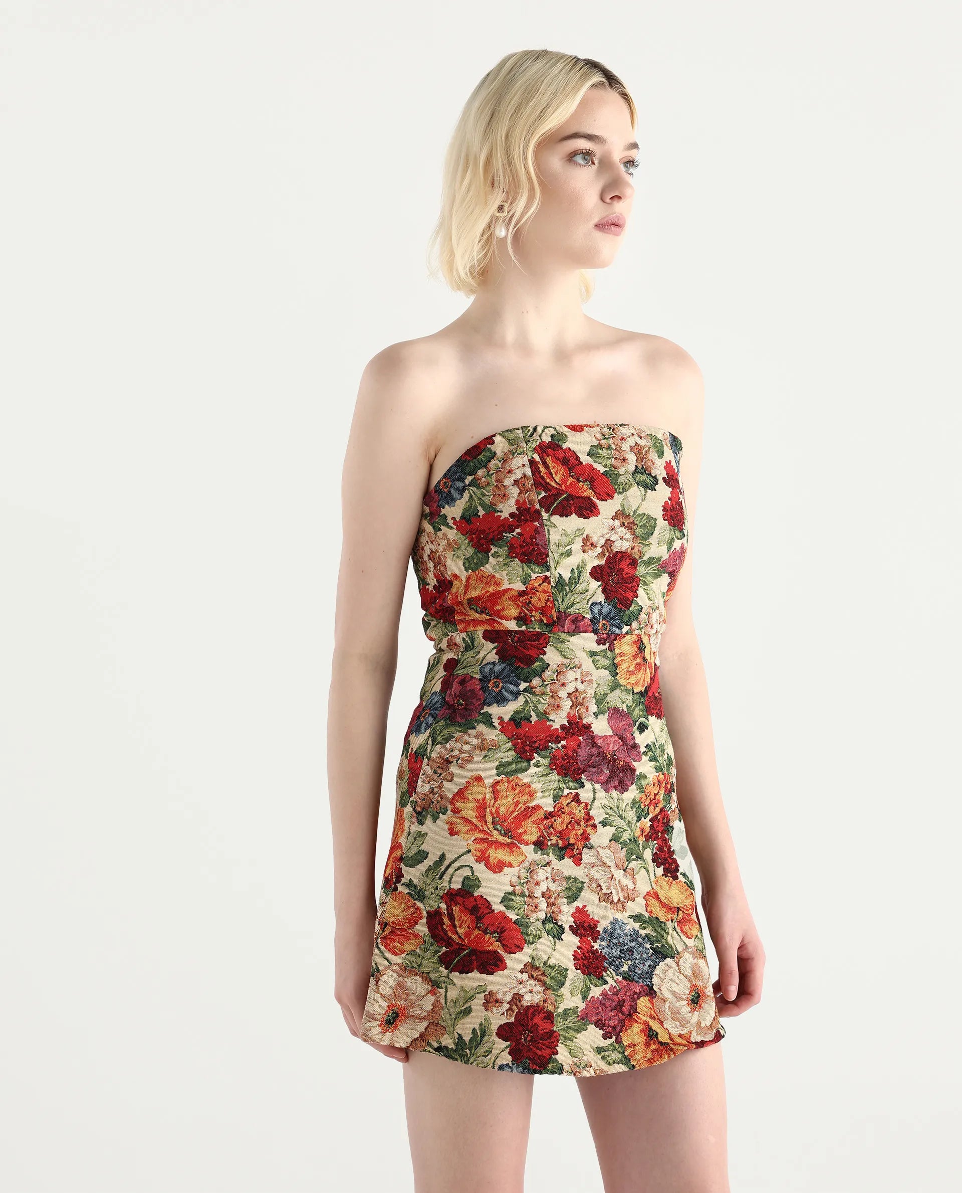 Rareism Women's Yolor - Multi Polyester Blend Tube Neck Jacquard Sleeveless Mini Fit And Flare Dress