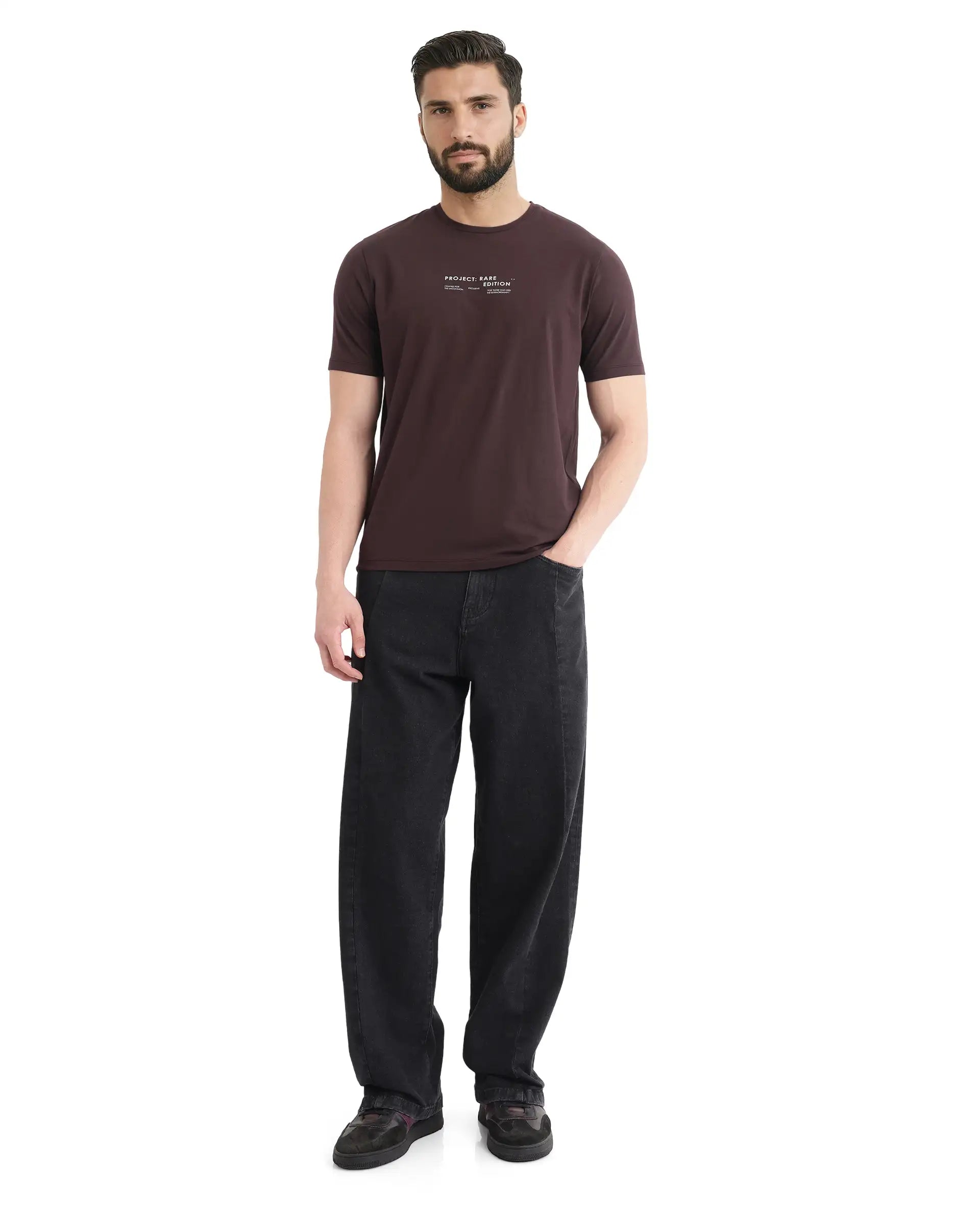 Rare Rabbit Men Yolt Brown Cotton Blend Fabric Short Sleeve Crew Neck Regular Fit HD Print T-Shirt