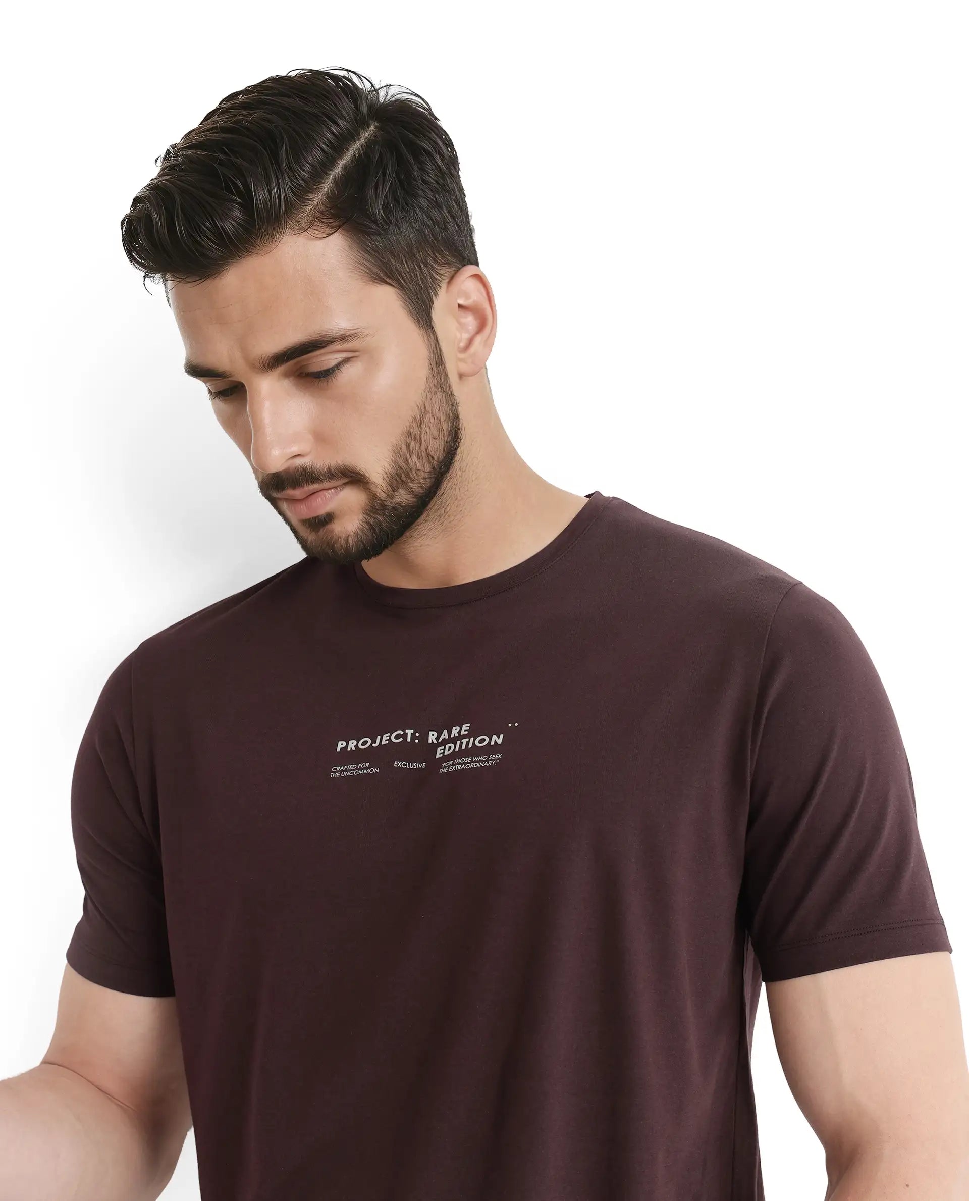 Rare Rabbit Men Yolt Brown Cotton Blend Fabric Short Sleeve Crew Neck Regular Fit HD Print T-Shirt