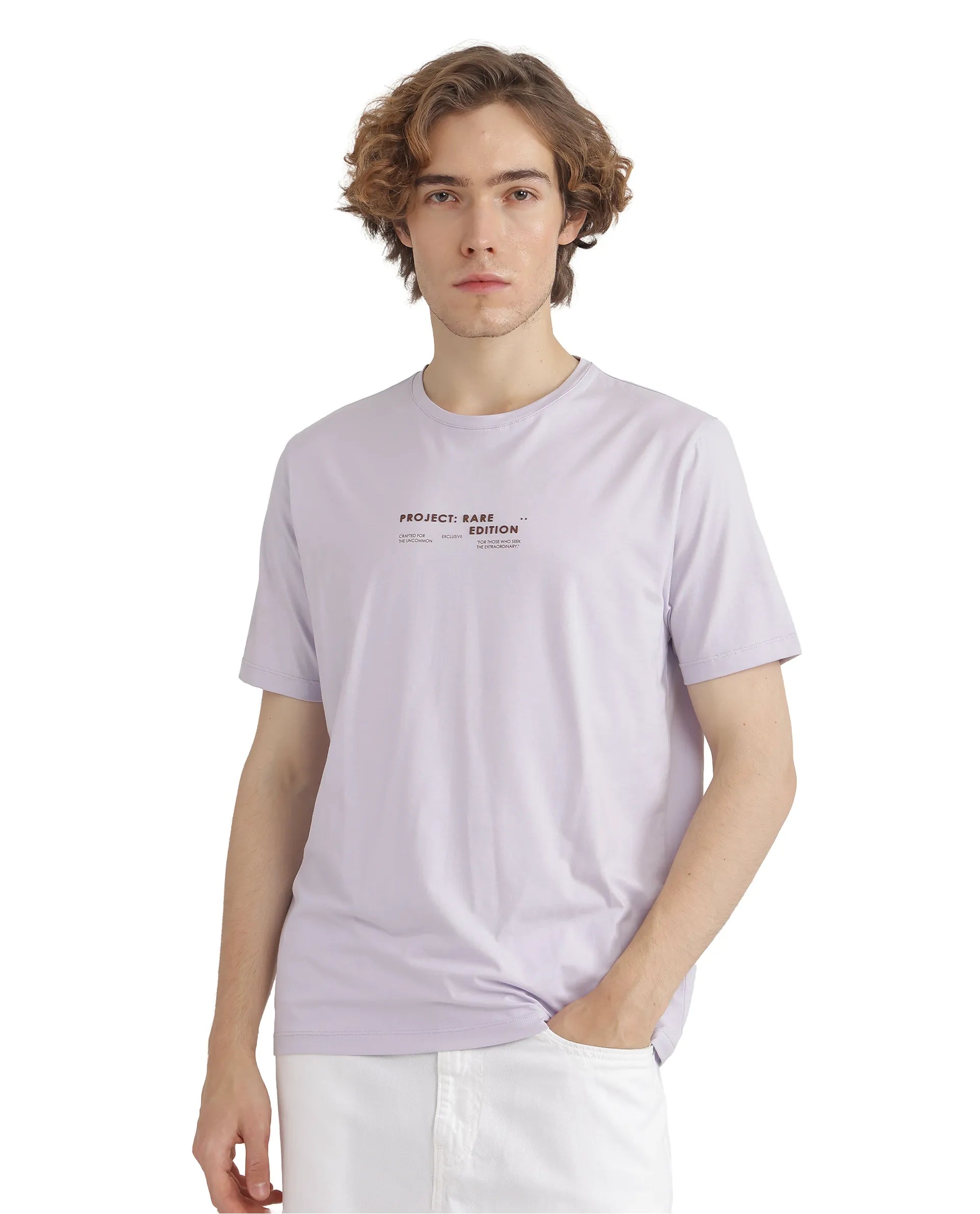Rare Rabbit Men Yolt Pastel Purple Cotton Blend Fabric Short Sleeve Crew Neck Hd Print T-Shirt