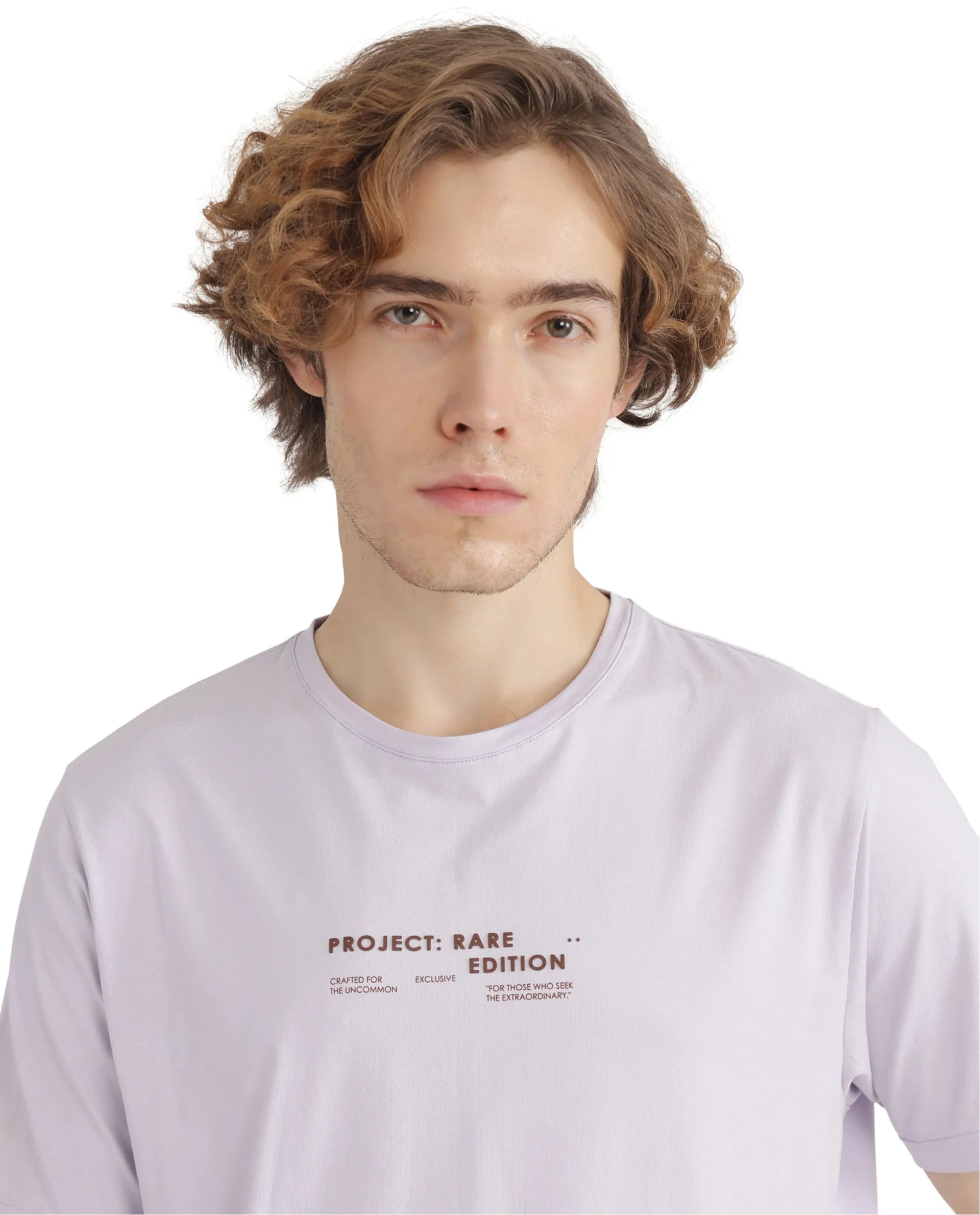 Rare Rabbit Men Yolt Pastel Purple Cotton Blend Fabric Short Sleeve Crew Neck Hd Print T-Shirt