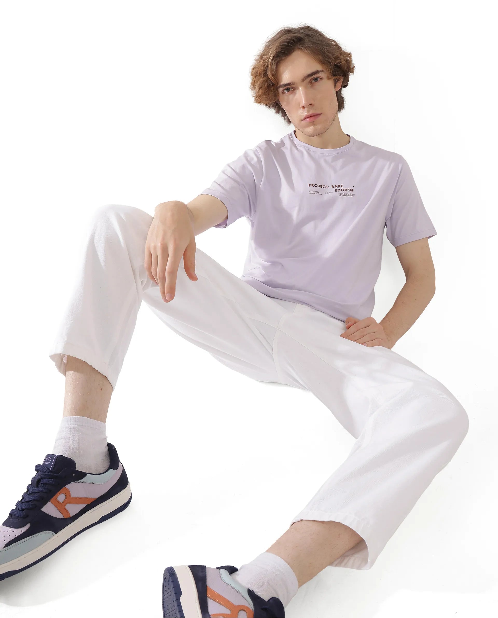 Rare Rabbit Men Yolt Pastel Purple Cotton Blend Fabric Short Sleeve Crew Neck Hd Print T-Shirt