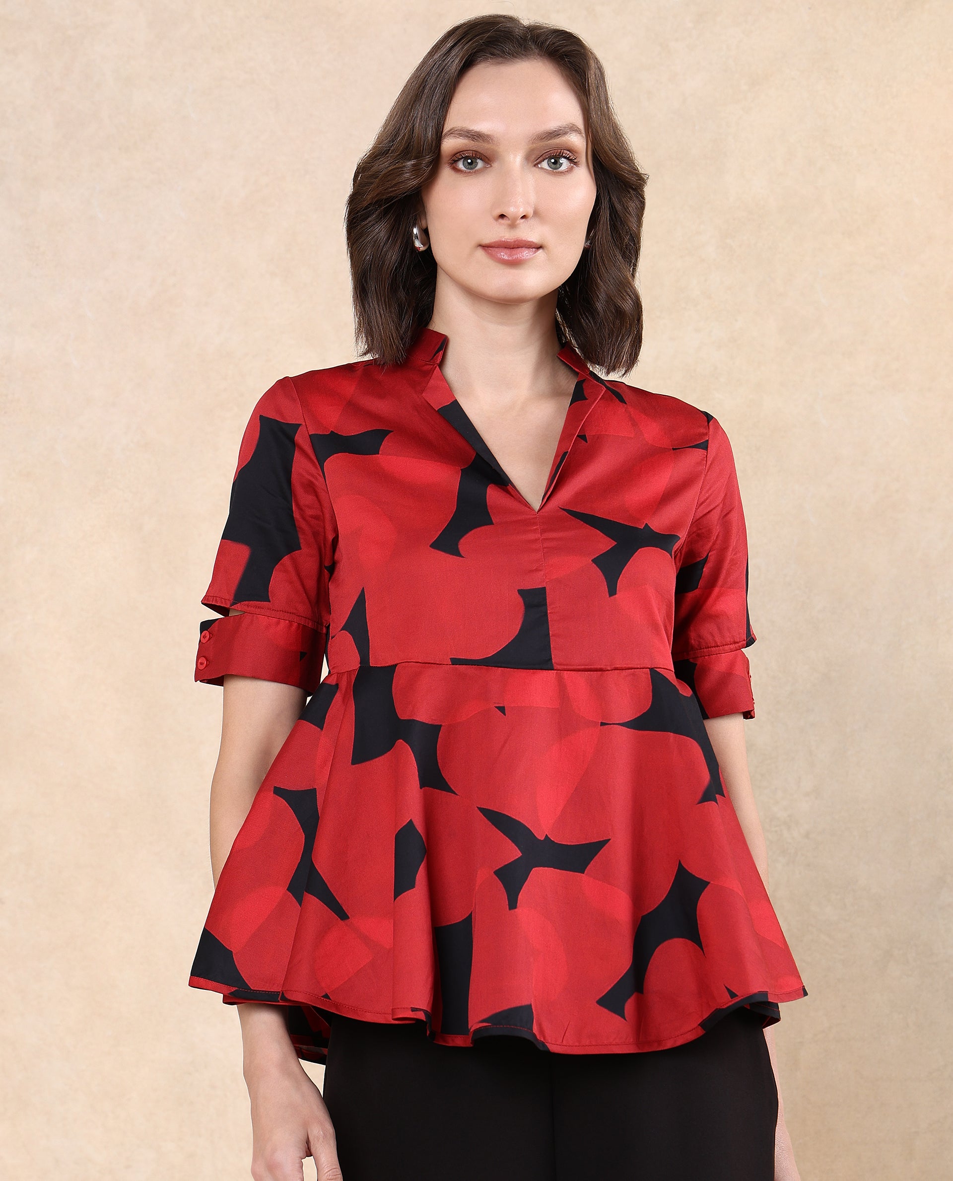 Rareism Women Yoplopi Black Cotton Satin Fabric Cutout Sleeve Lapel Neck A-Line Fit Abstract Print Top