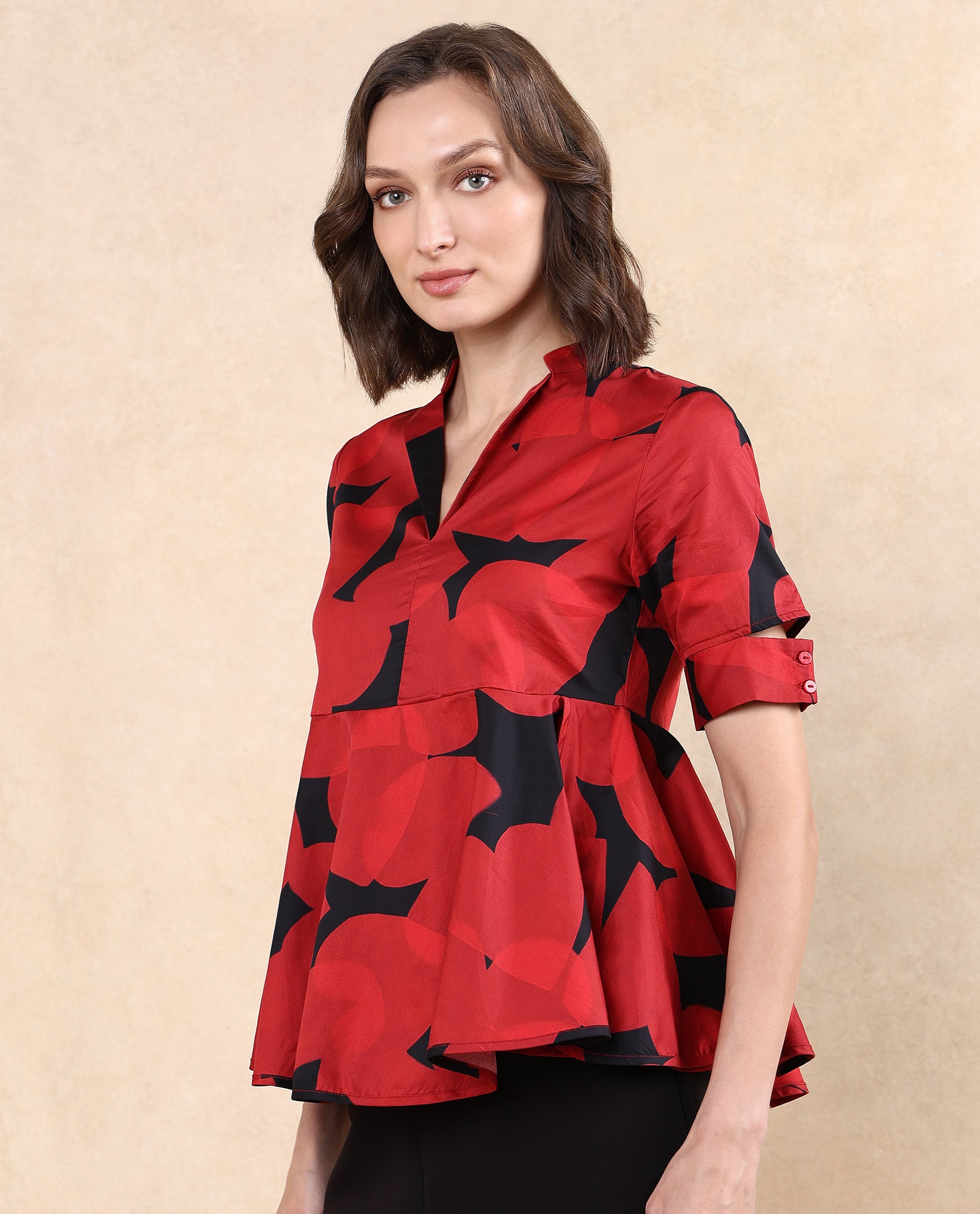 Rareism Women Yoplopi Black Cotton Satin Fabric Cutout Sleeve Lapel Neck A-Line Fit Abstract Print Top