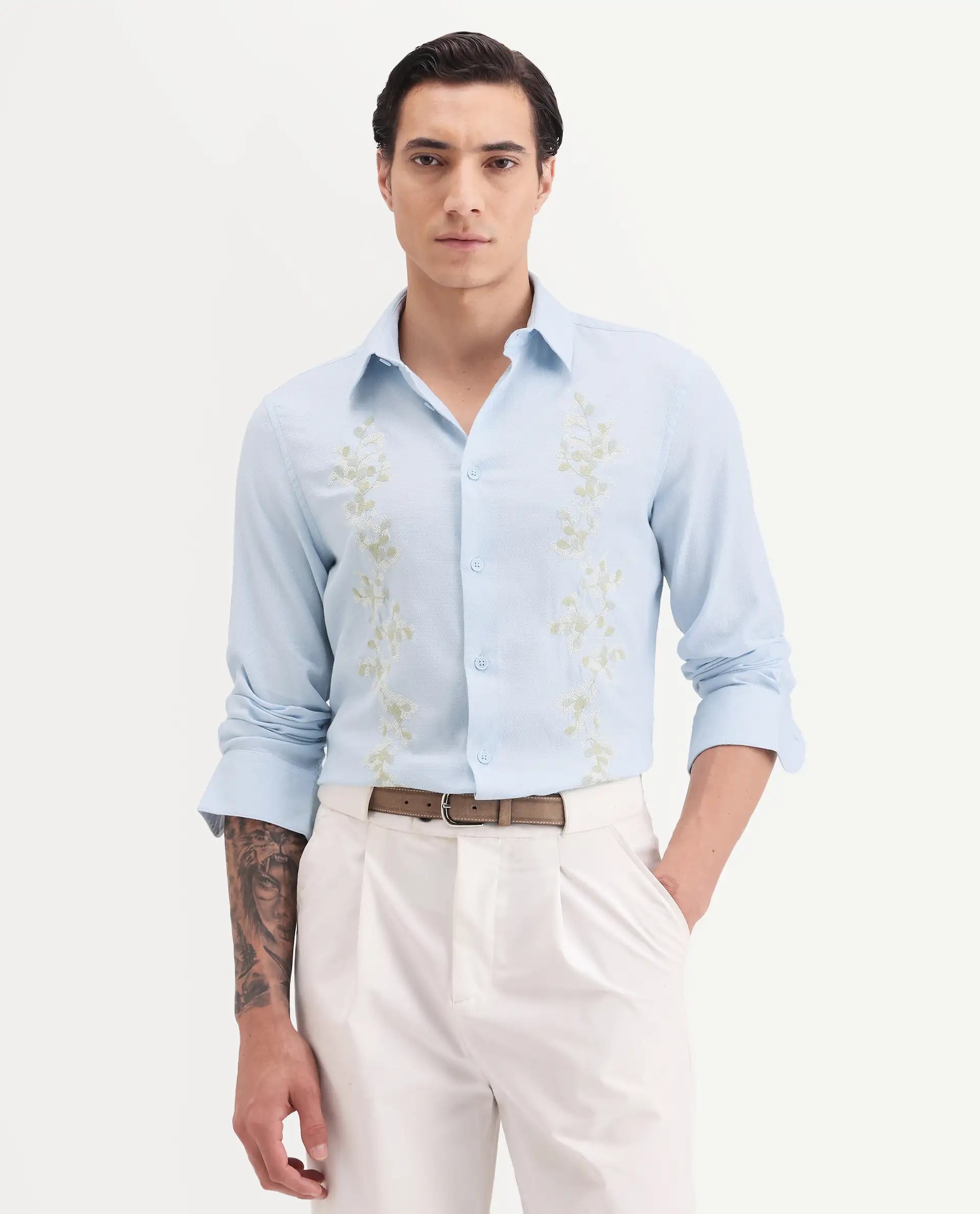 Rare Rabbit Men's Yorp Light Blue Cotton Fabric Full Sleeve Spread Collar Regular Fit Embroidered Shirt