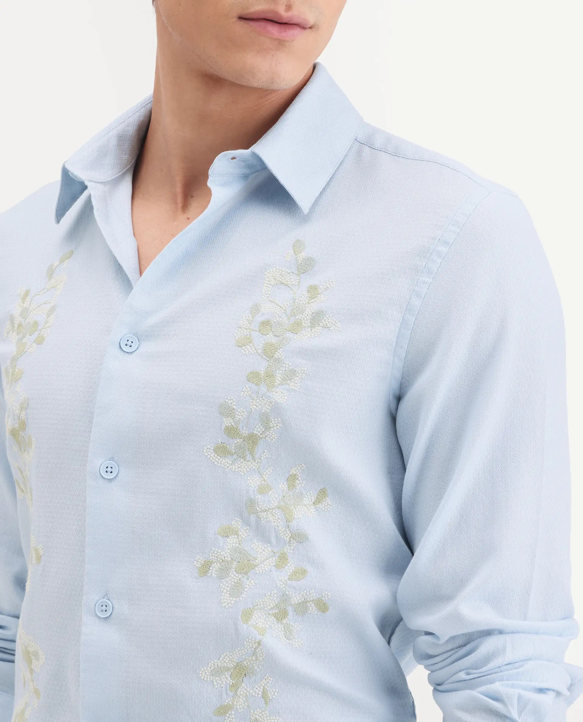Rare Rabbit Men's Yorp Light Blue Cotton Fabric Full Sleeve Spread Collar Regular Fit Embroidered Shirt