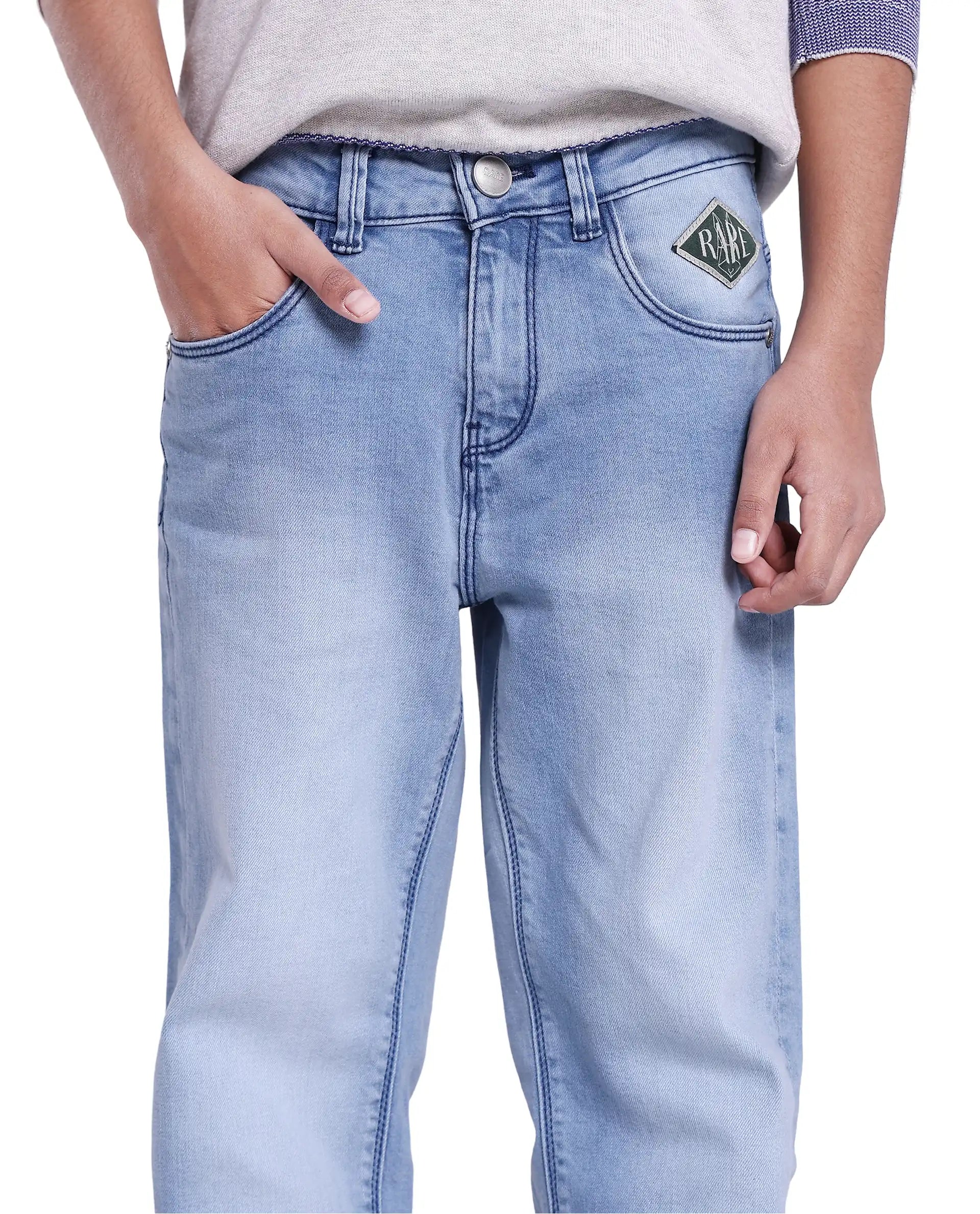 Rare Ones Kids Yosh Light Blue Cotton Relax Fit Solid Denim Pant
