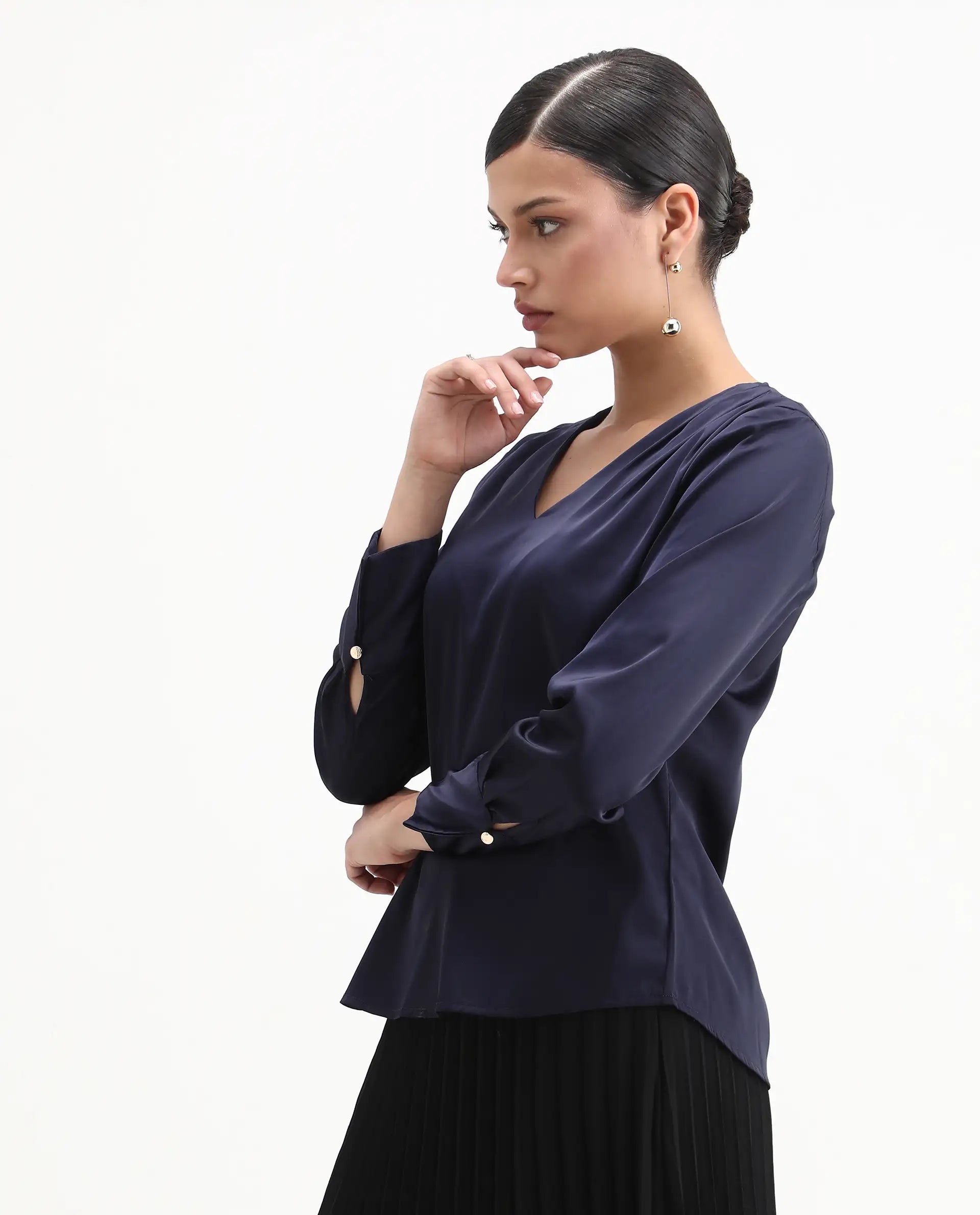 Rareism Women's Yuhay Navy Polyester Blend V-Neck Plain Cuffed Sleeve Regular Fit Top