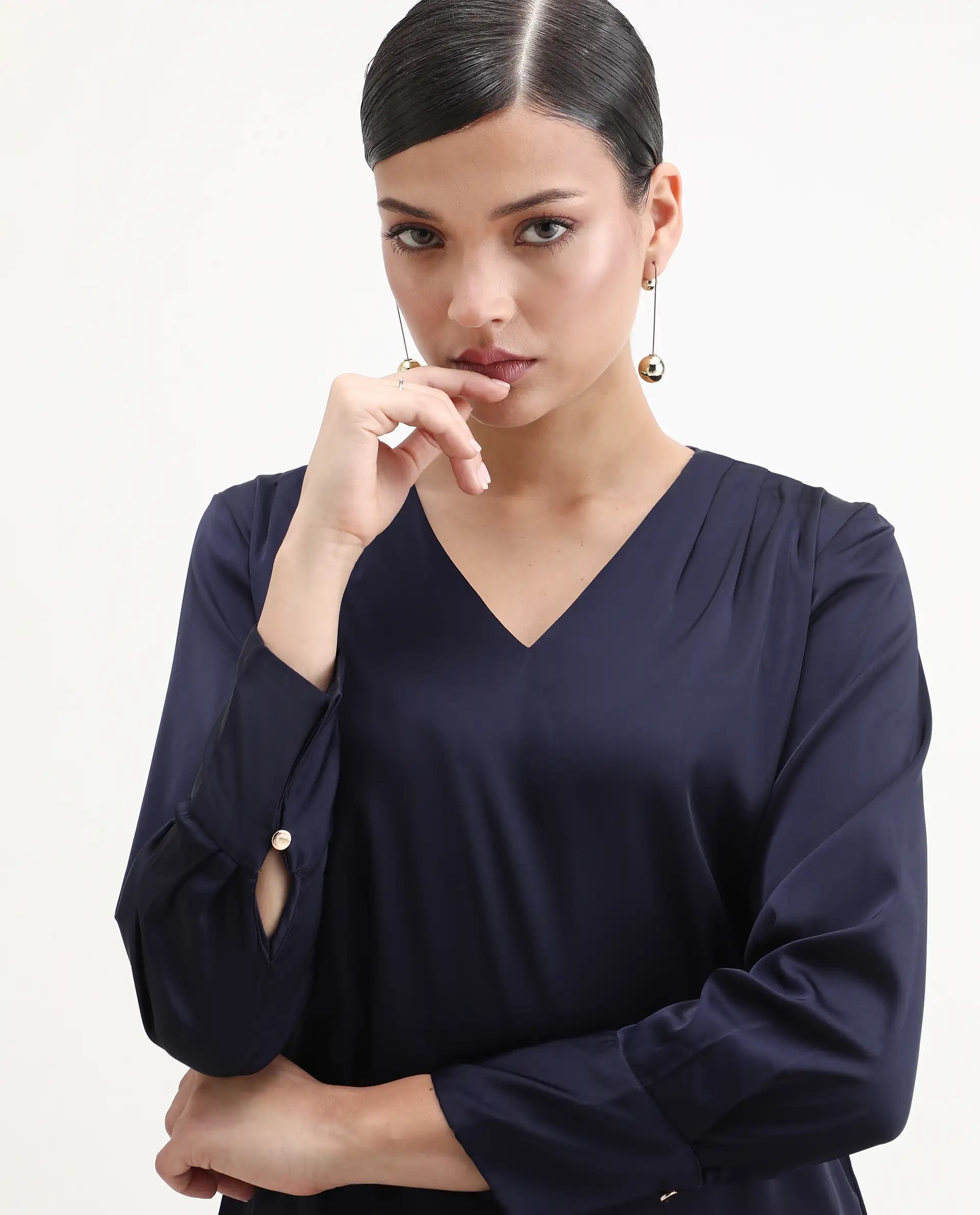 Rareism Women's Yuhay Navy Polyester Blend V-Neck Plain Cuffed Sleeve Regular Fit Top