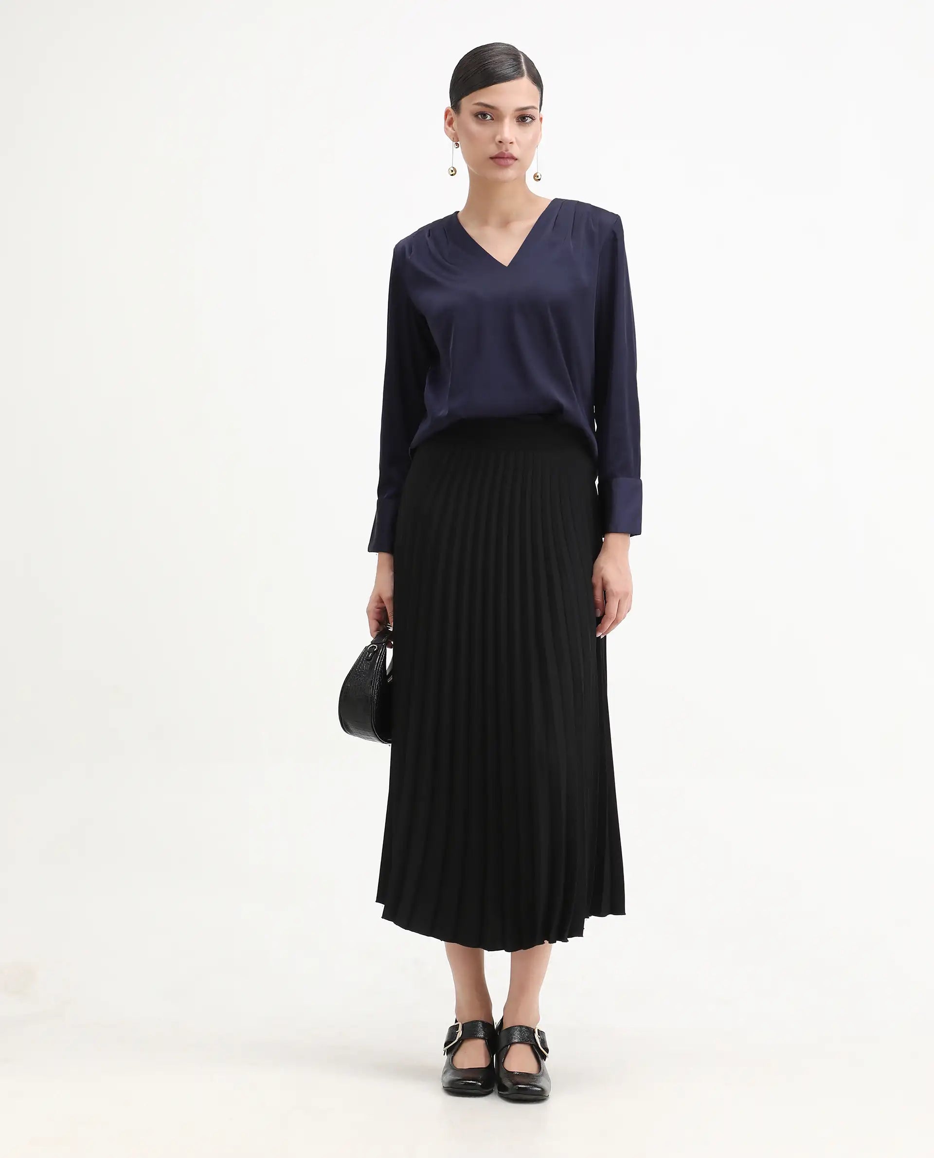 Rareism Women's Yuhay Navy Polyester Blend V-Neck Plain Cuffed Sleeve Regular Fit Top