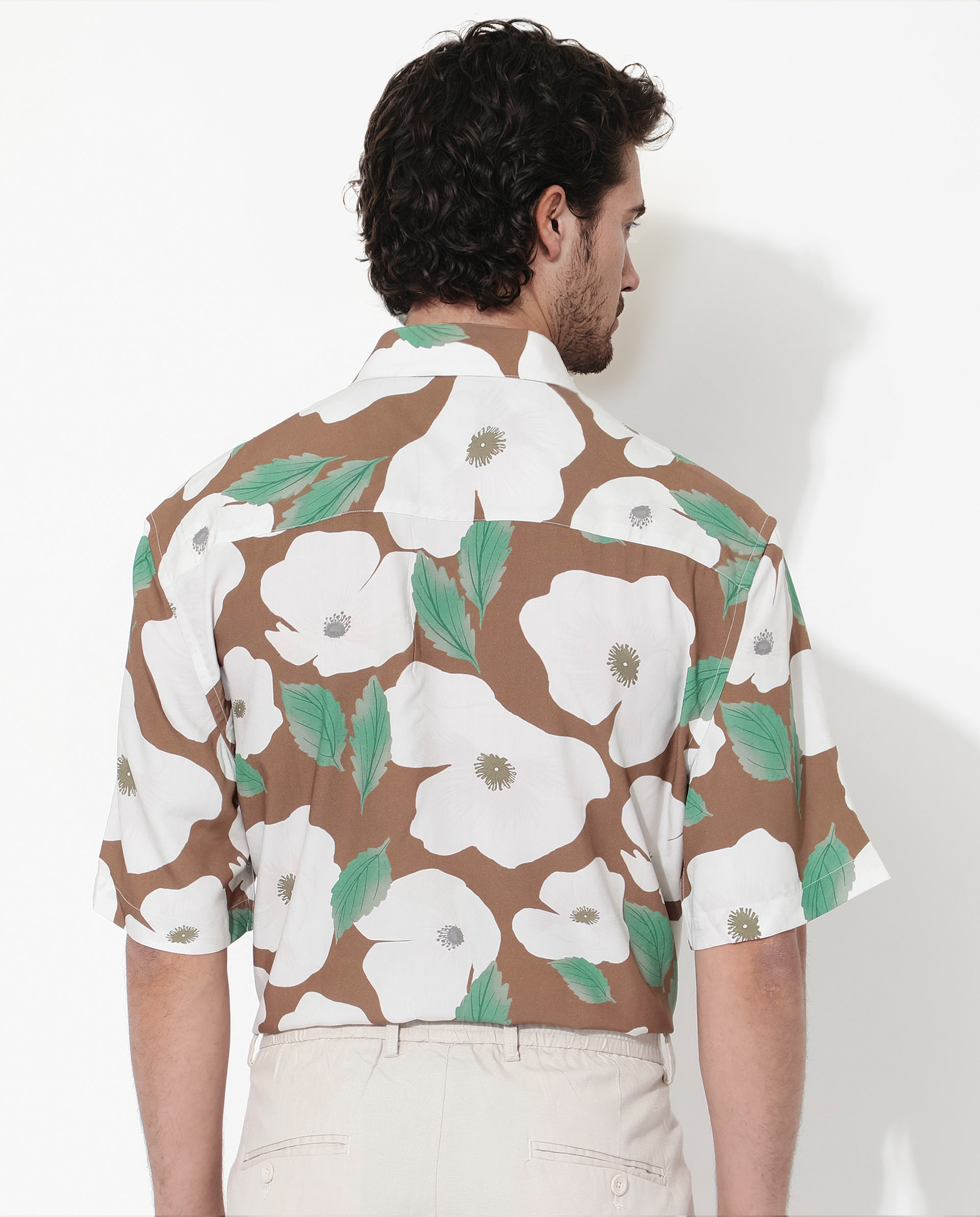 Rare Rabbit Men's Yuki Brown Viscose Fabric Short Sleeves Boxy Fit Floral Print Shirt