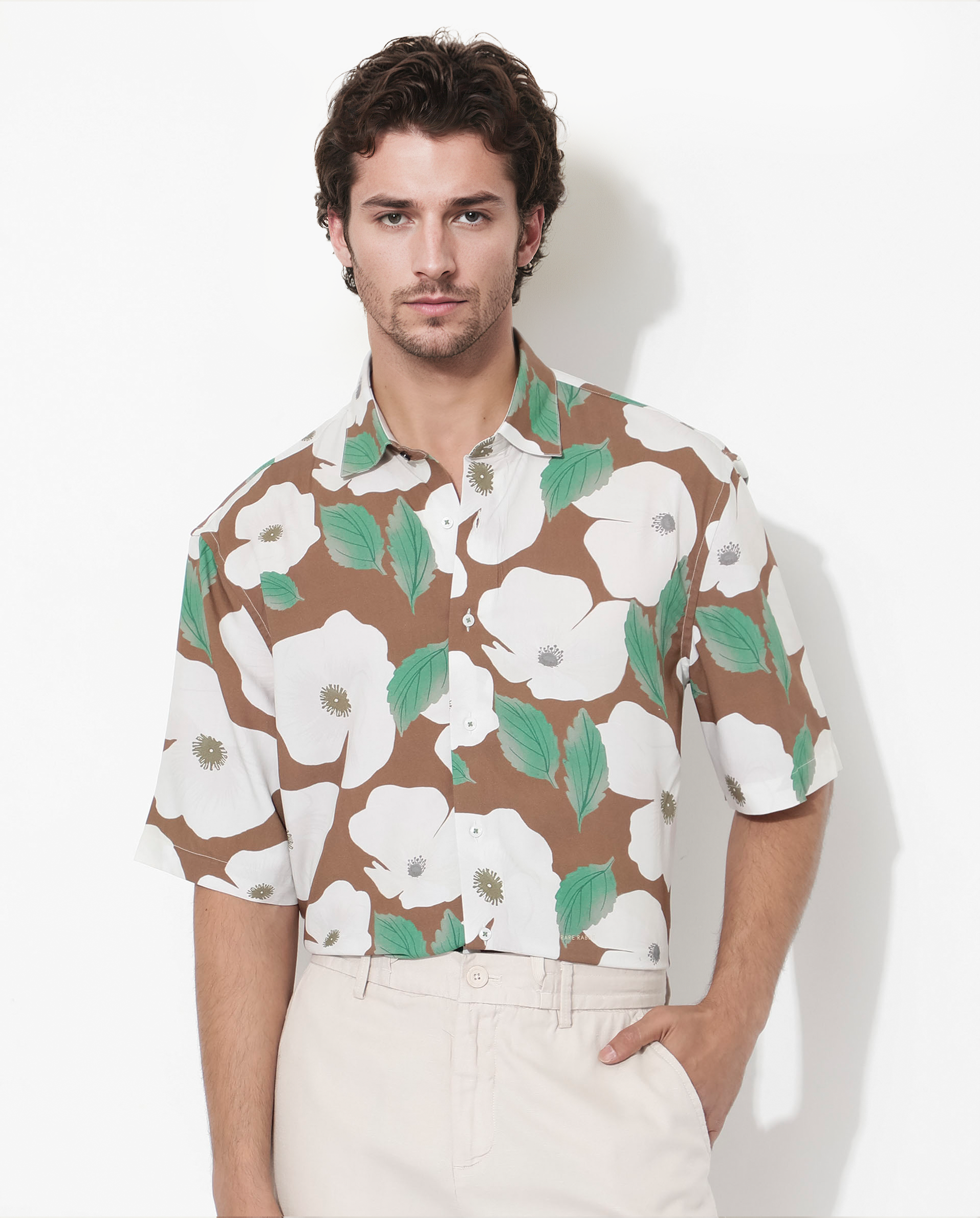 Rare Rabbit Men's Yuki Brown Viscose Fabric Short Sleeves Boxy Fit Floral Print Shirt