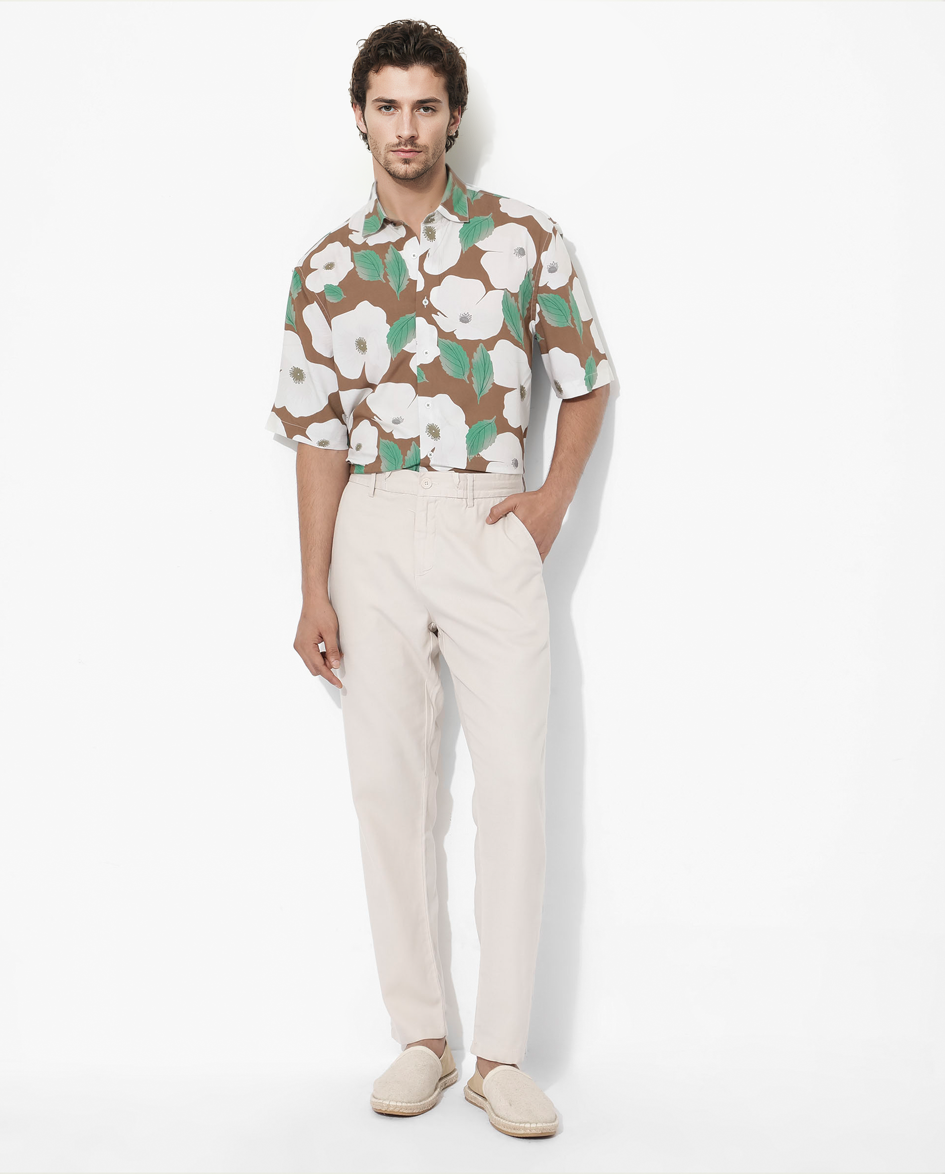 Rare Rabbit Men's Yuki Brown Viscose Fabric Short Sleeves Boxy Fit Floral Print Shirt