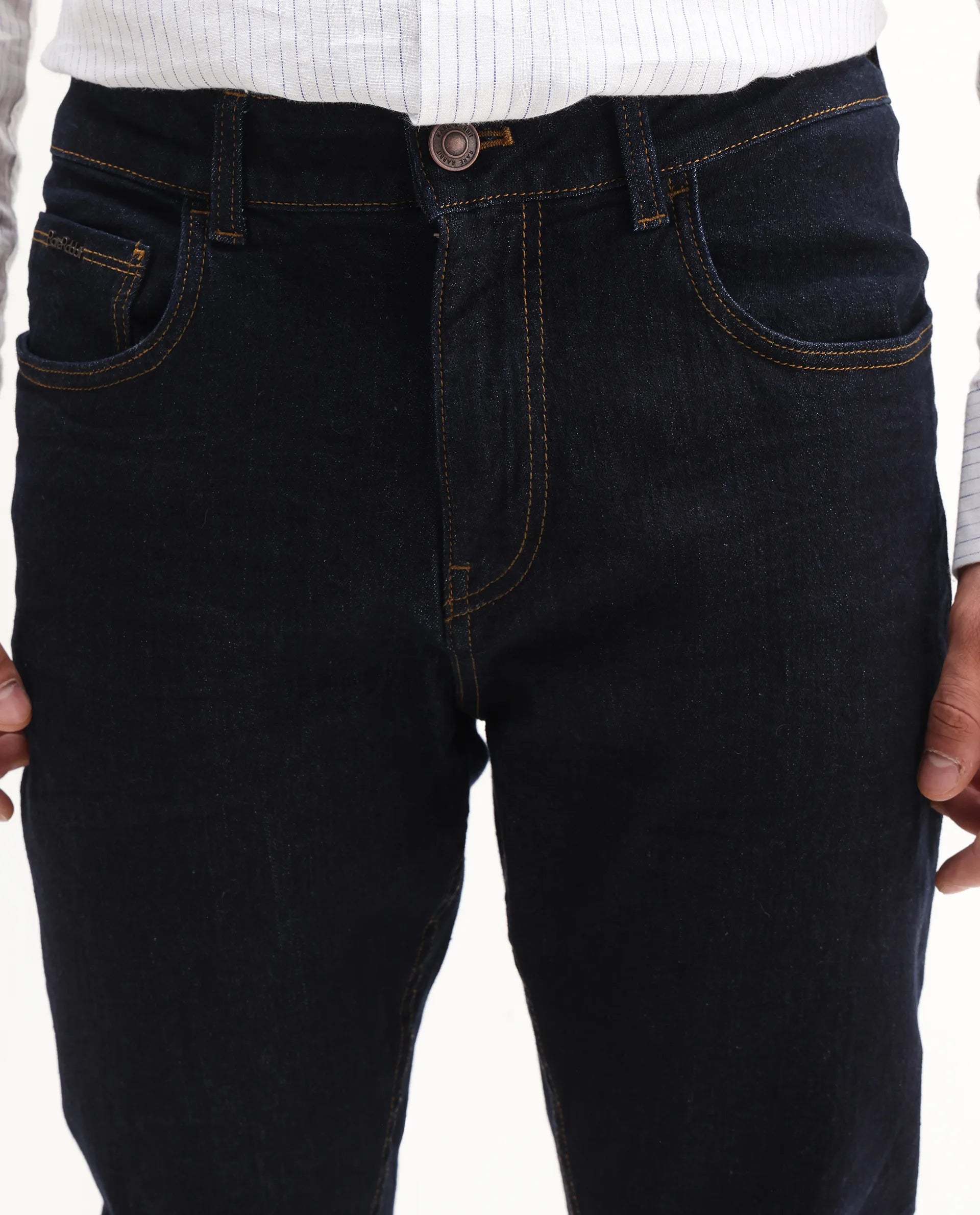 Rare Rabbit Men's Yukto Navy Cotton Plain Hawk Slim Fit Jeans