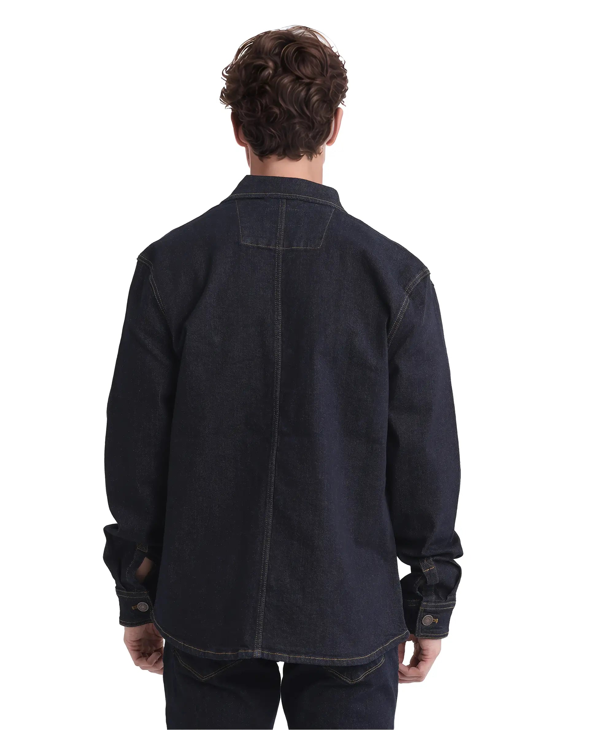 Rare Rabbit Men Yulio Navy Cotton Fabric Full Sleeves Broad Collar Button Closure Slim Fit Plain Jacket