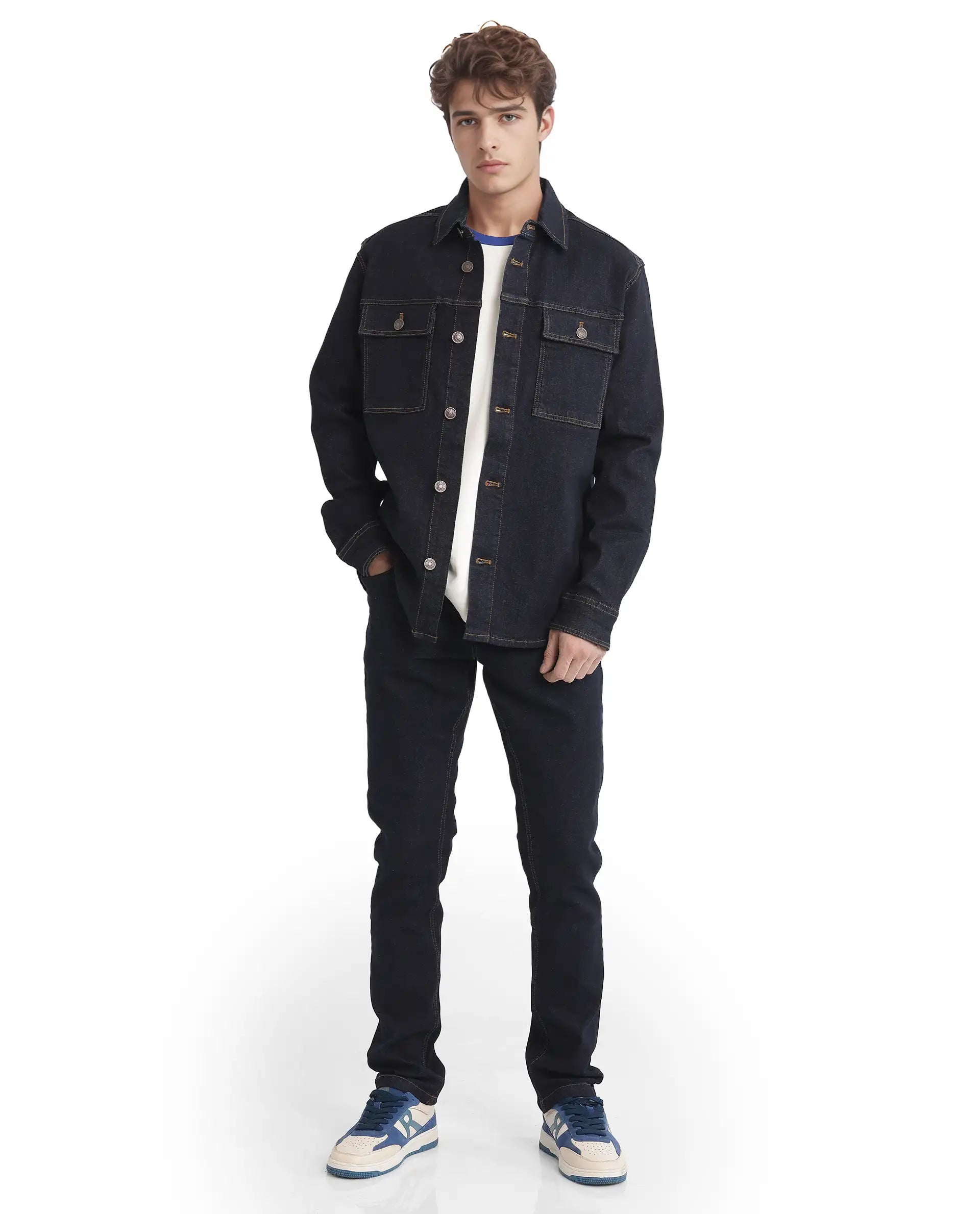 Rare Rabbit Men Yulio Navy Cotton Fabric Full Sleeves Broad Collar Button Closure Slim Fit Plain Jacket