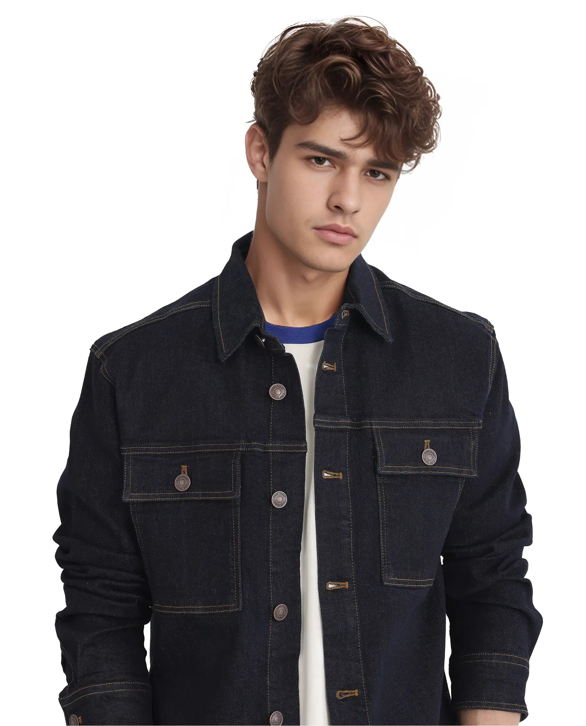 Rare Rabbit Men Yulio Navy Cotton Fabric Full Sleeves Broad Collar Button Closure Slim Fit Plain Jacket