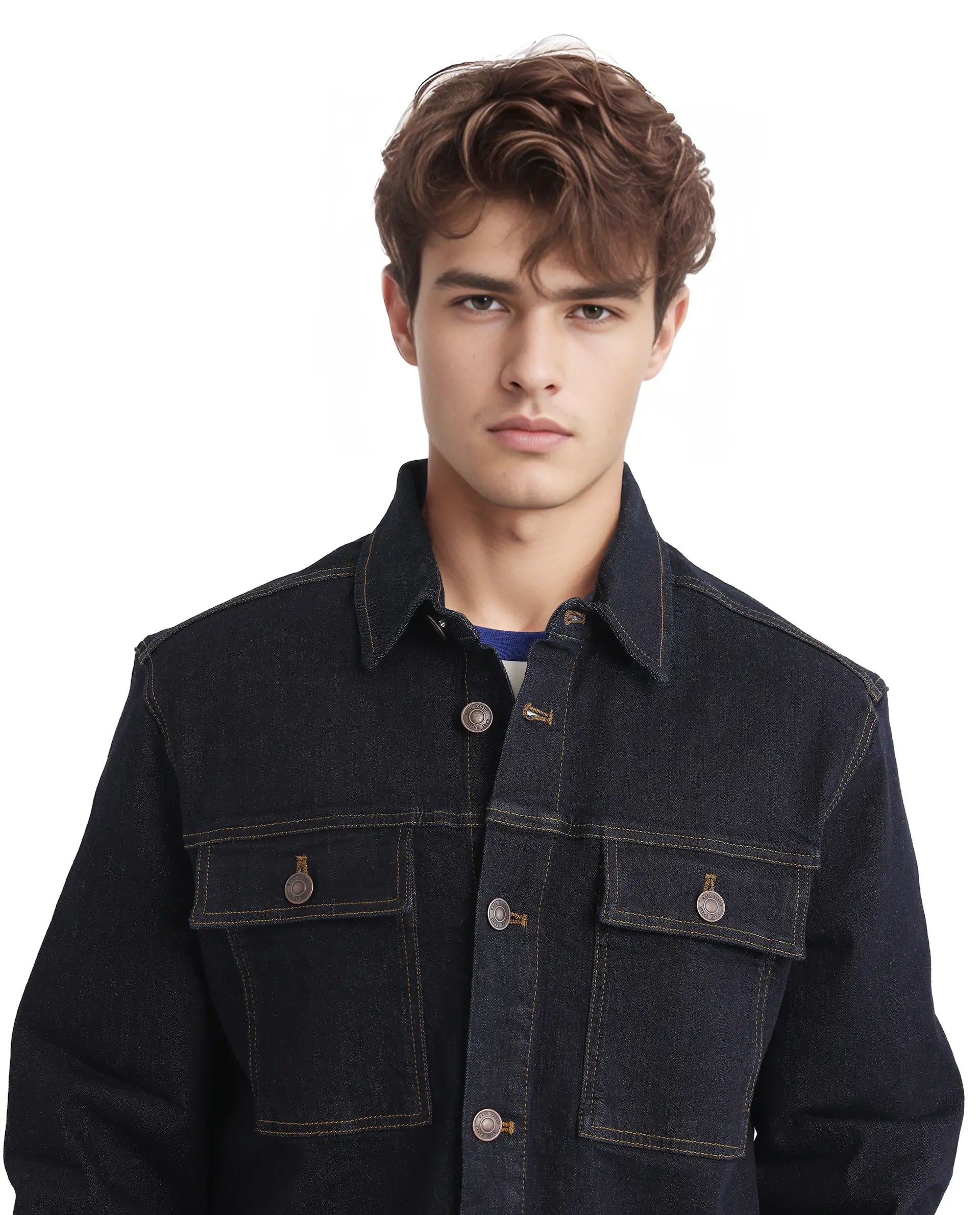 Rare Rabbit Men Yulio Navy Cotton Fabric Full Sleeves Broad Collar Button Closure Slim Fit Plain Jacket