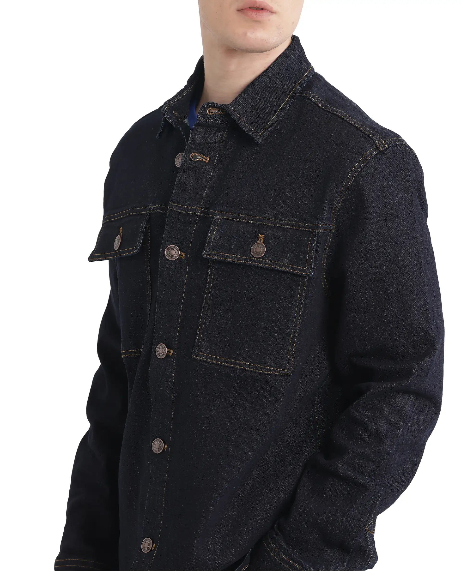Rare Rabbit Men Yulio Navy Cotton Fabric Full Sleeves Broad Collar Button Closure Slim Fit Plain Jacket