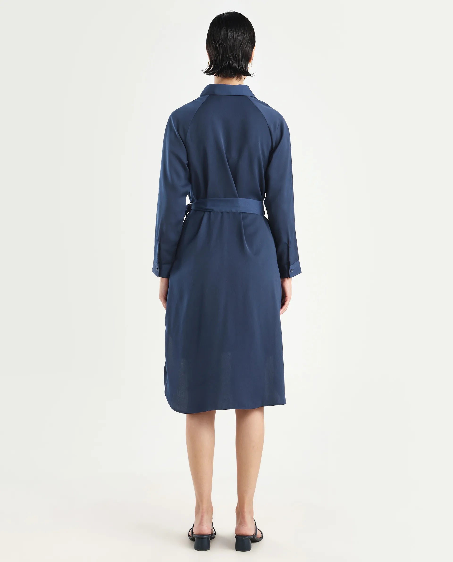 Rareism Women's Yulu Navy Satin Drop Collar Plain Cuffed Sleeve Midi Straight Fit Dress